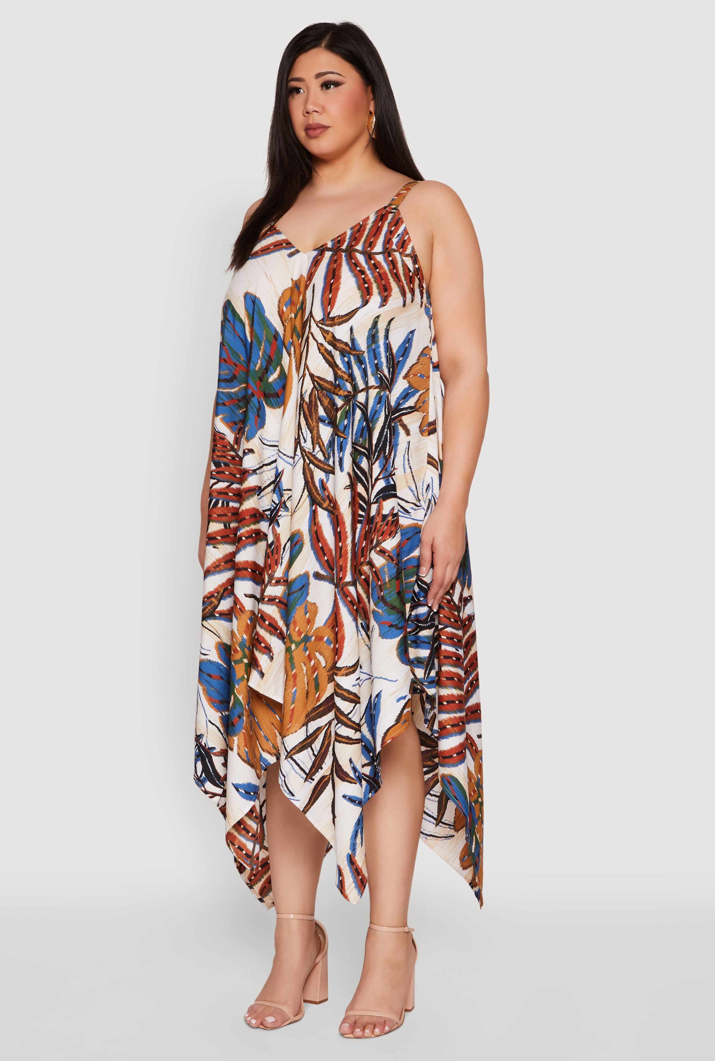 Plus Size Leaf Print Sharkbite Hem Dress
