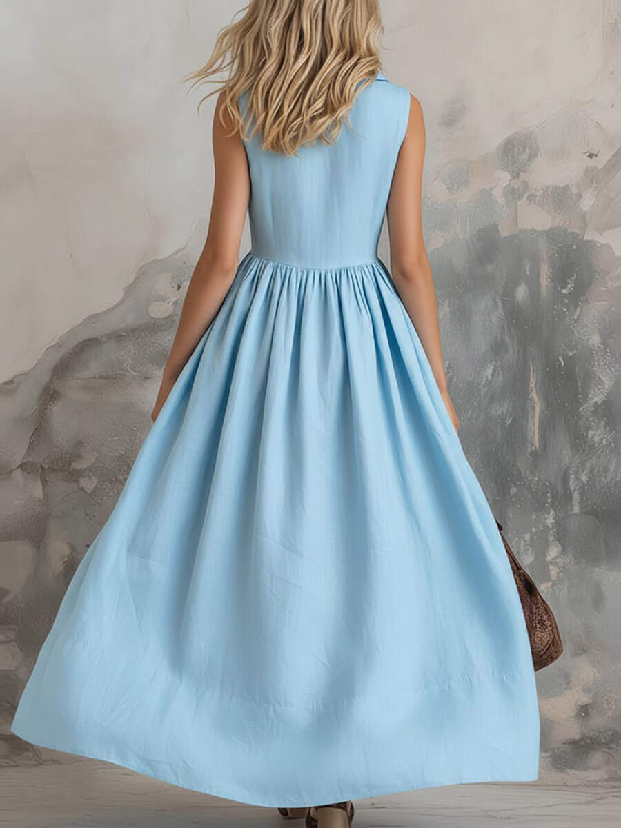 🔥Summer Arrivals🌟Women's Solid Color Lapel Sleeveless Casual Loose Cotton Dress