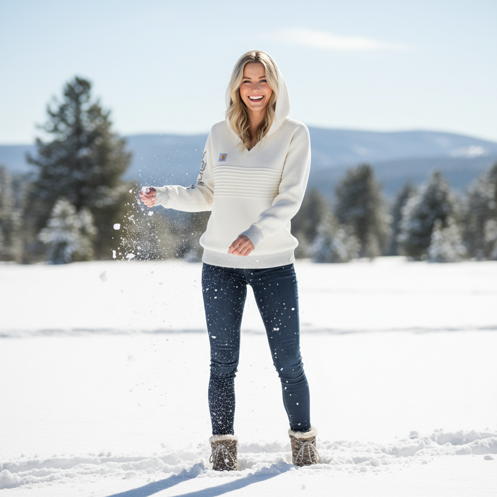 Western-style Beige Hooded Knit Sweater Women's V-neck Textured Pullover