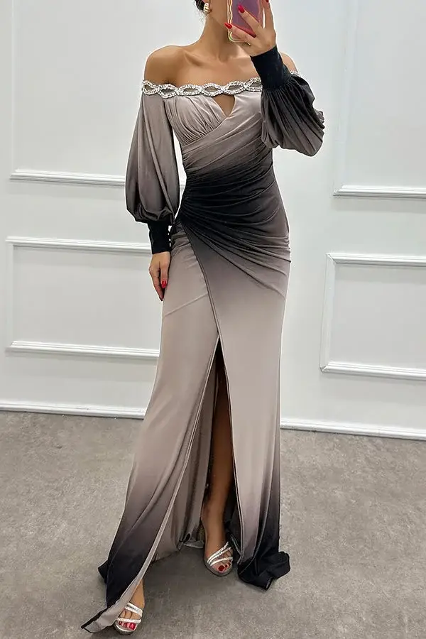 Gradient print boat neck off-shoulder long dress