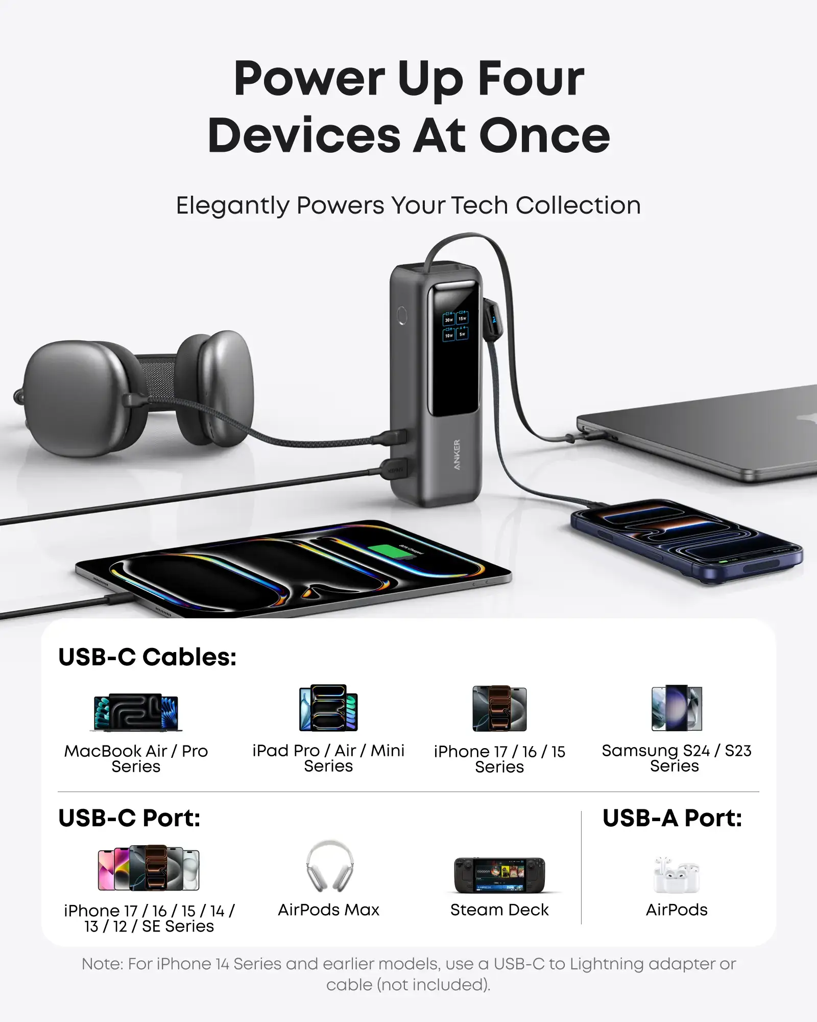 Portable Laptop Power Bank with Built-In Cables, 25000mAh High-Capacity Battery, Fast Charging for 4 Devices, Ideal for Office & Trips, Compatible with iPhone, MacBook, Galaxy