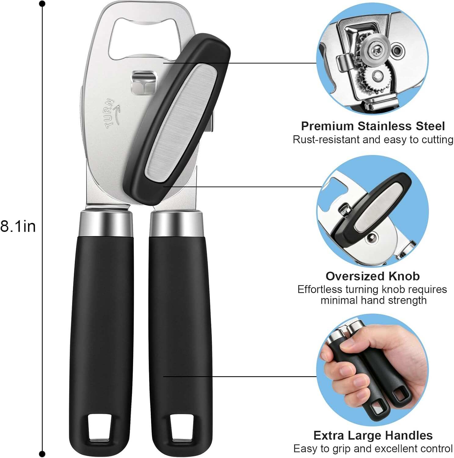 Can Opener Manual, Heavy Duty Stainless Steel Can Opener and Bottle Opener with Magnet, Multifunctional Kitchen Tool, Sharp Cutting Wheel, Soft Ergonomic Handle, Oversized Turn Knob, Black