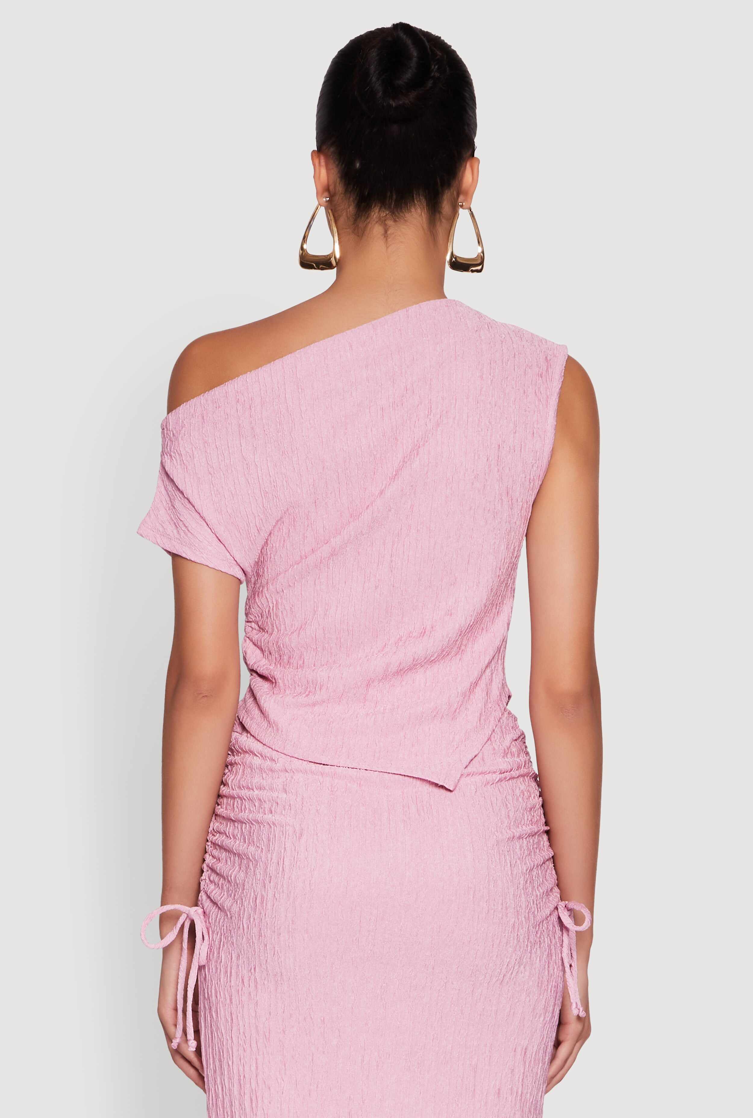 Trendy Solid One Shoulder Textured Knit Blouse