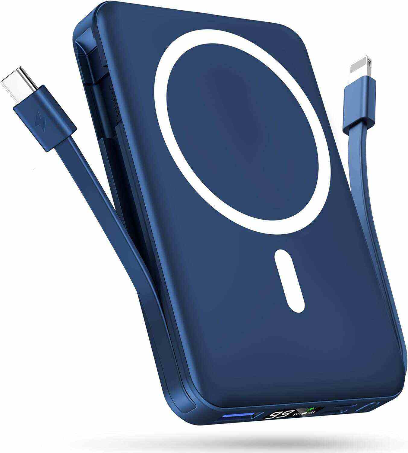 podoru Wireless Portable Charger, 10000mAh Magnetic Power Bank Built-in USB-C Lighting Cables 22.5W PD Fast Charging LED Display Mag-Safe Battery Pack for iPhone 15/14/13/12/Mini/Pro/Pro Max - White