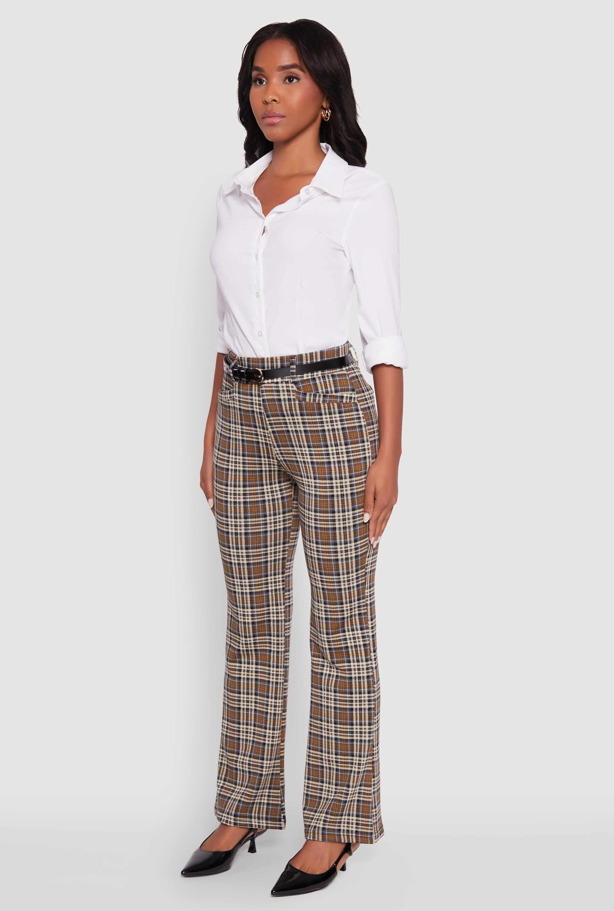 High Waisted Plaid Boot Cut Trousers with Belt