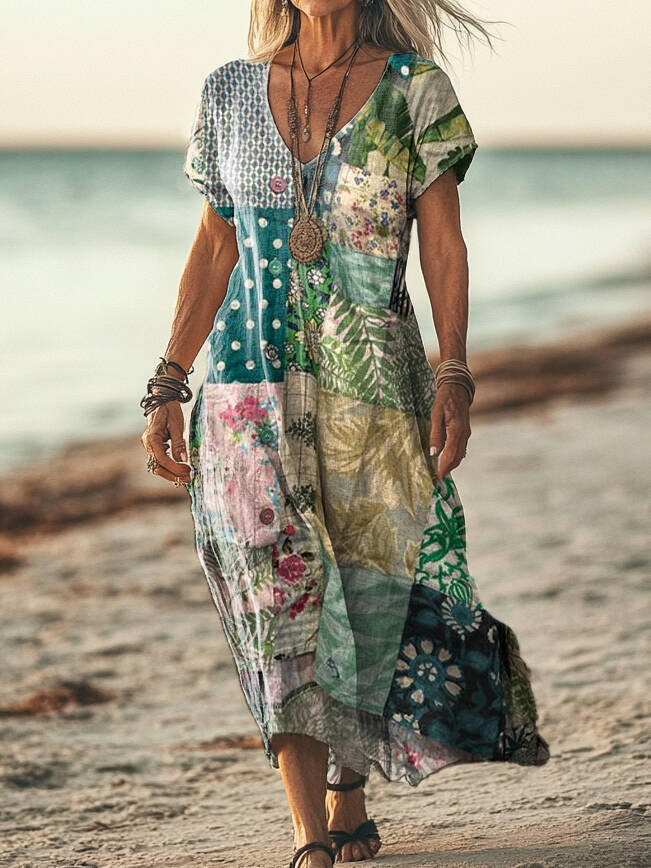 Women's Vintage Floral Art Print Pocket Cotton Dress
