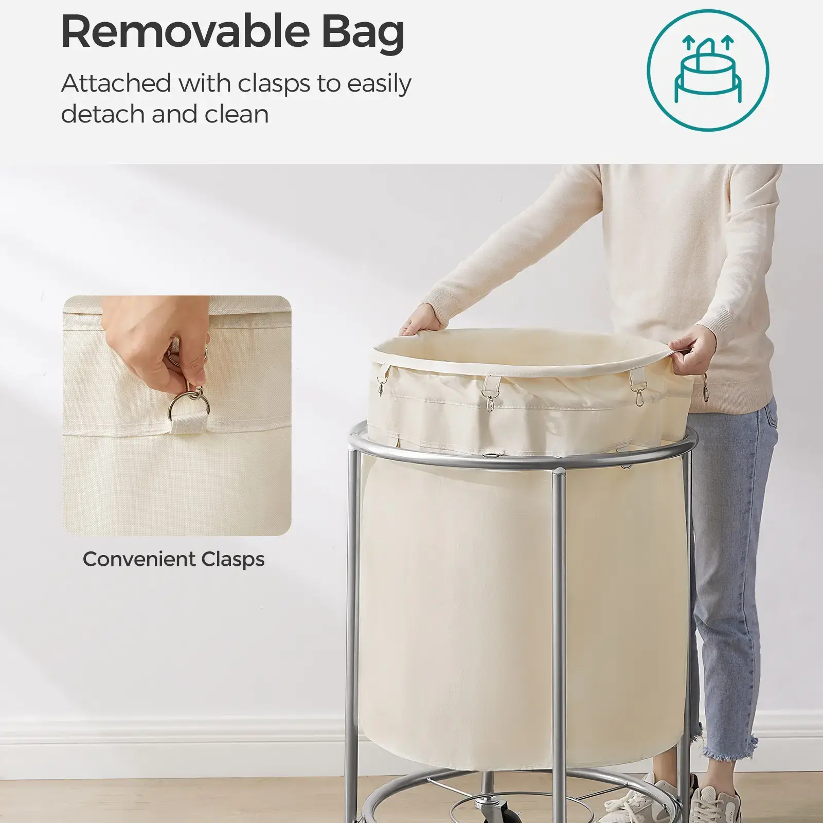 SONGMICS Rolling Laundry Basket with Wheels - Cream & Silver