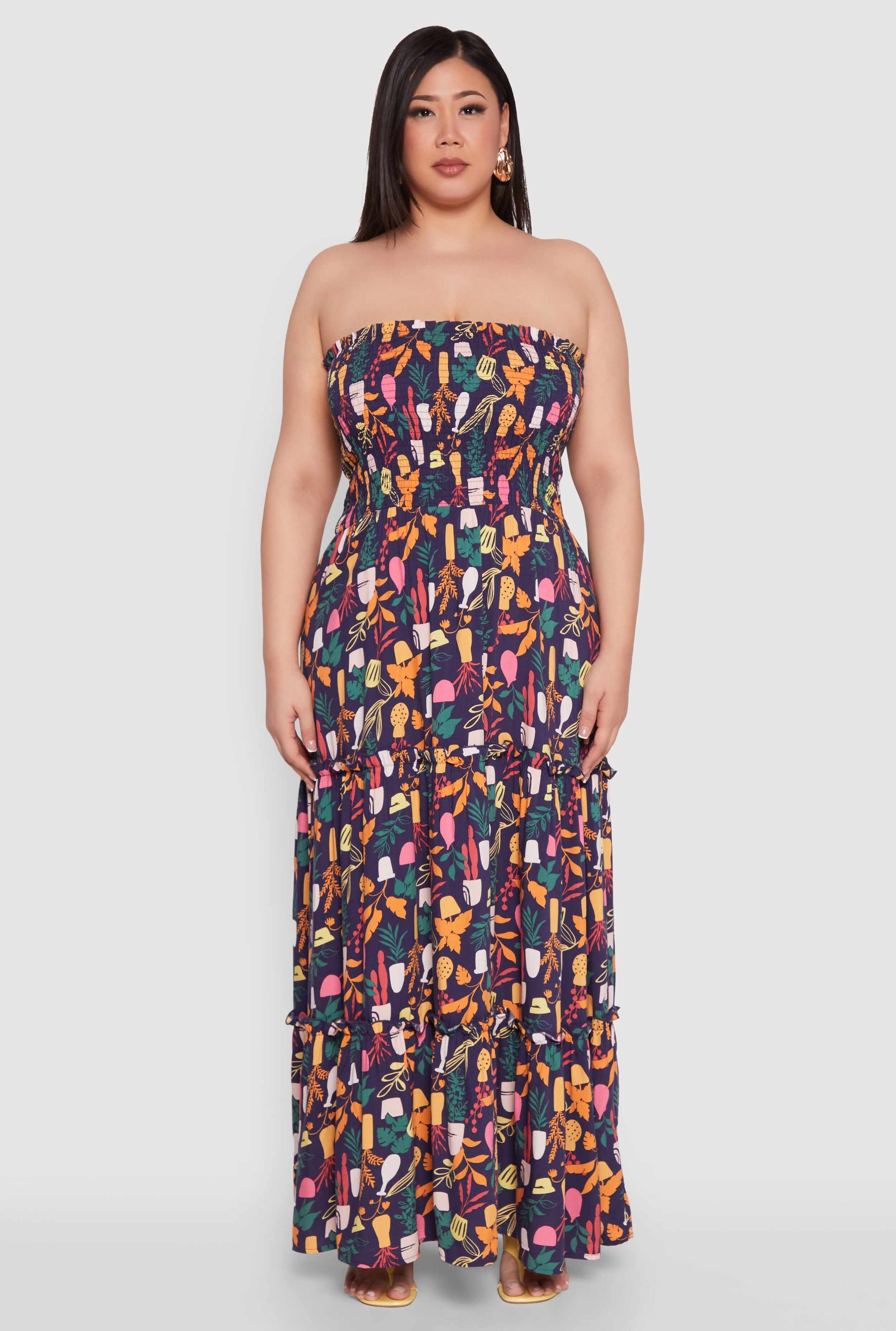 Plus Size House Plant Print Tiered Maxi Dress
