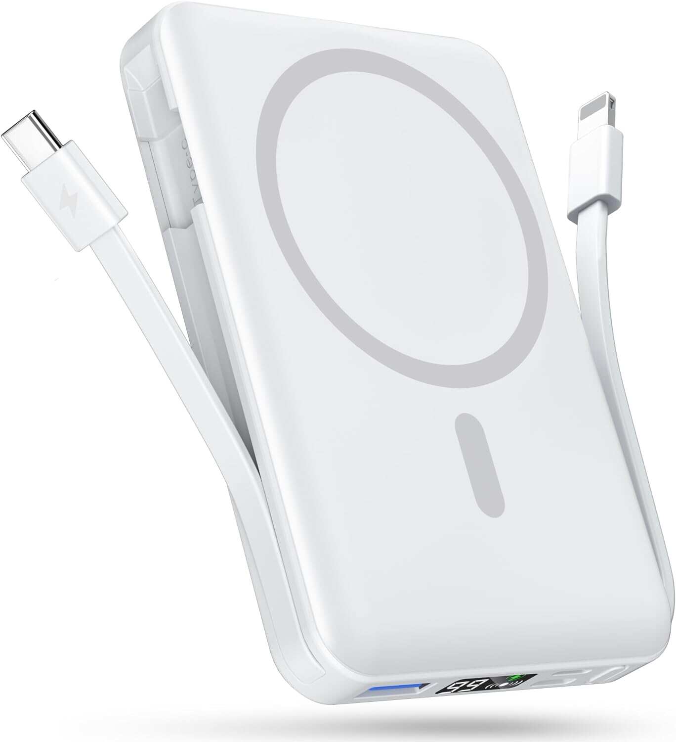 podoru Wireless Portable Charger, 10000mAh Magnetic Power Bank Built-in USB-C Lighting Cables 22.5W PD Fast Charging LED Display Mag-Safe Battery Pack for iPhone 15/14/13/12/Mini/Pro/Pro Max - White