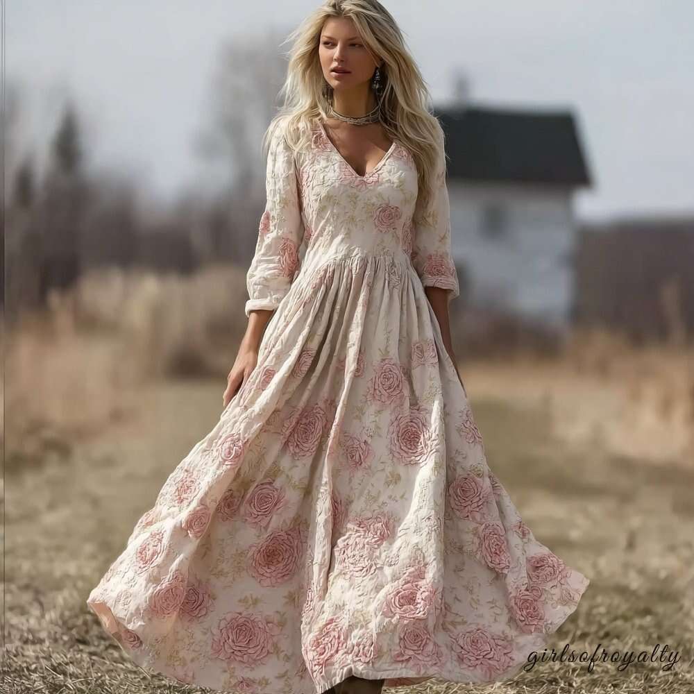 Elegant Boho Pink Roses Embroidered Flowy Linen Maxi Dress
