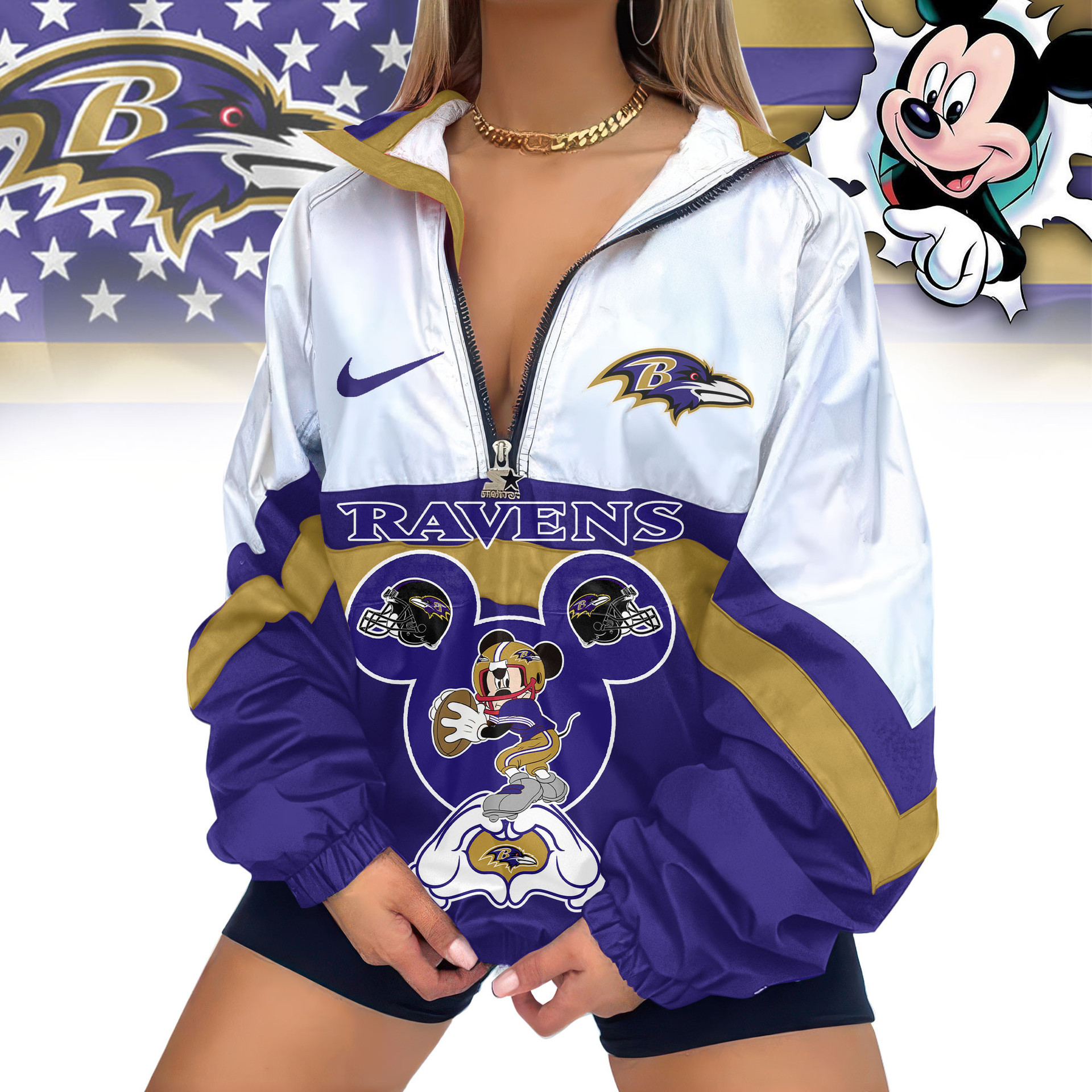 Baltimore Ravens | Premium NFL Mockey Mouse Vneck Zipper Jacket TD