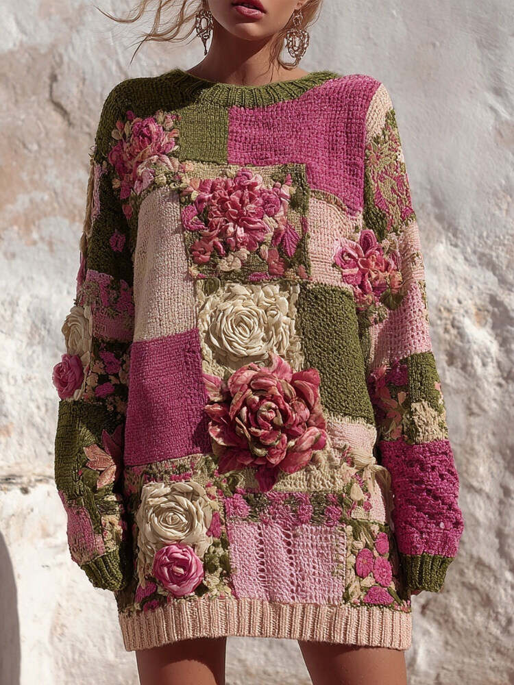 Vintage Roses Embroidered Patchwork Cozy Long Sweater