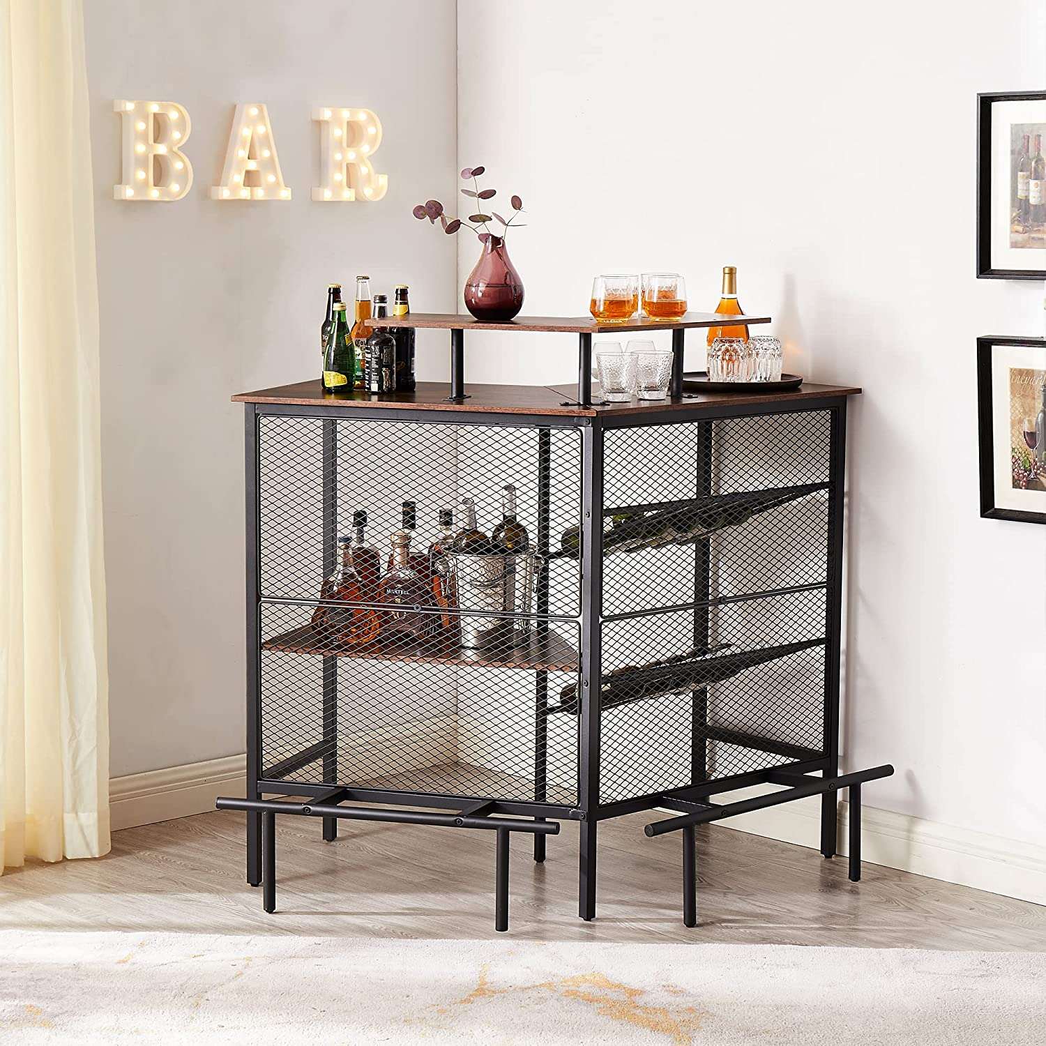 VECELO Bar Unit, 3 Tier Liquor Cabinet with Metal Mesh Front