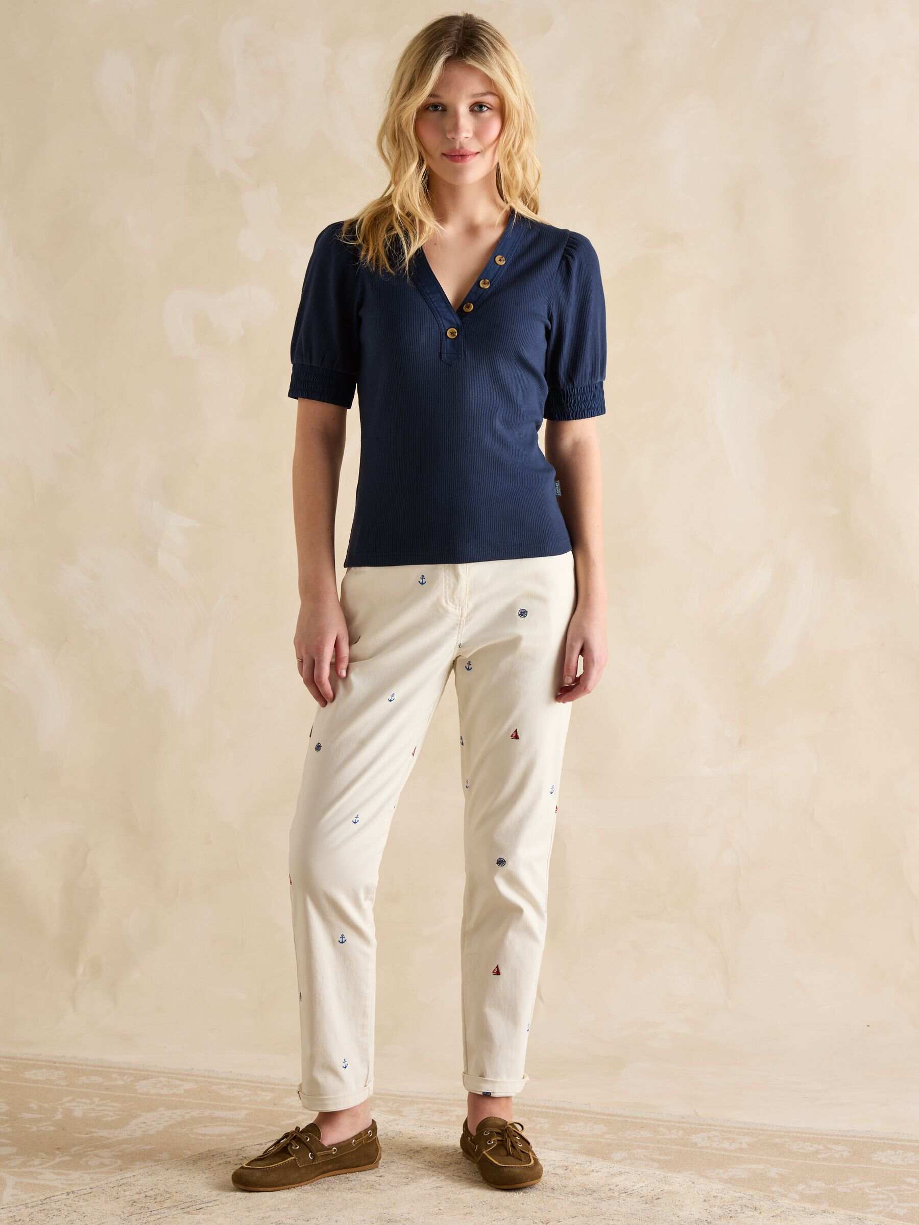 Tabitha Navy Blue Ribbed V-Neck Top With Puff Sleeves