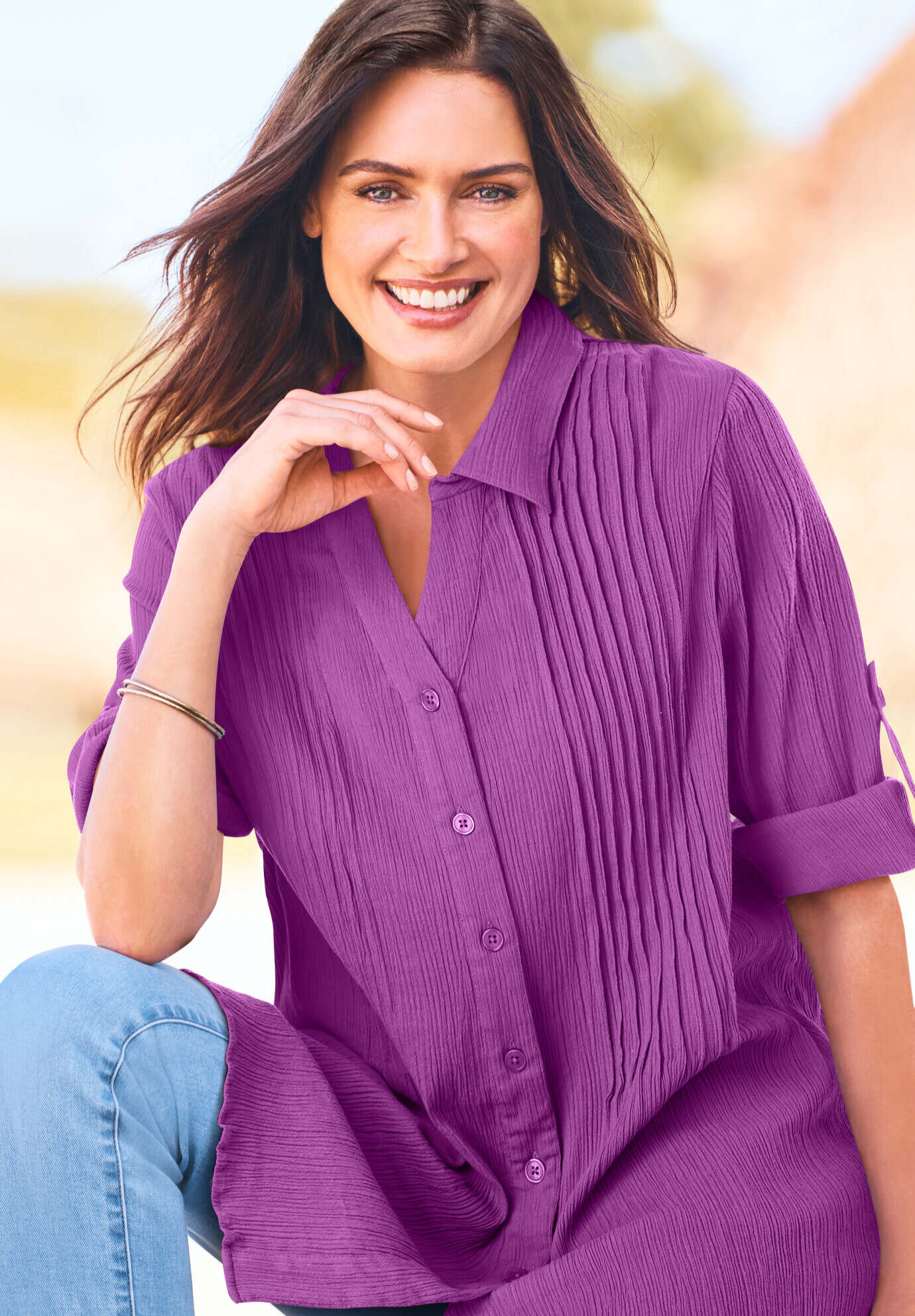 Pintucked Button Down Gauze Shirt