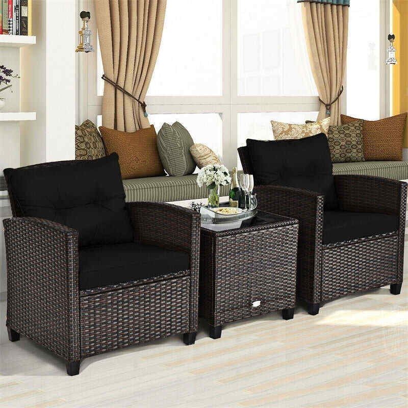 3 Pieces Patio Rattan Furniture Set Outdoor Wicker Conversation Set with Washable Cushion and Coffee Table