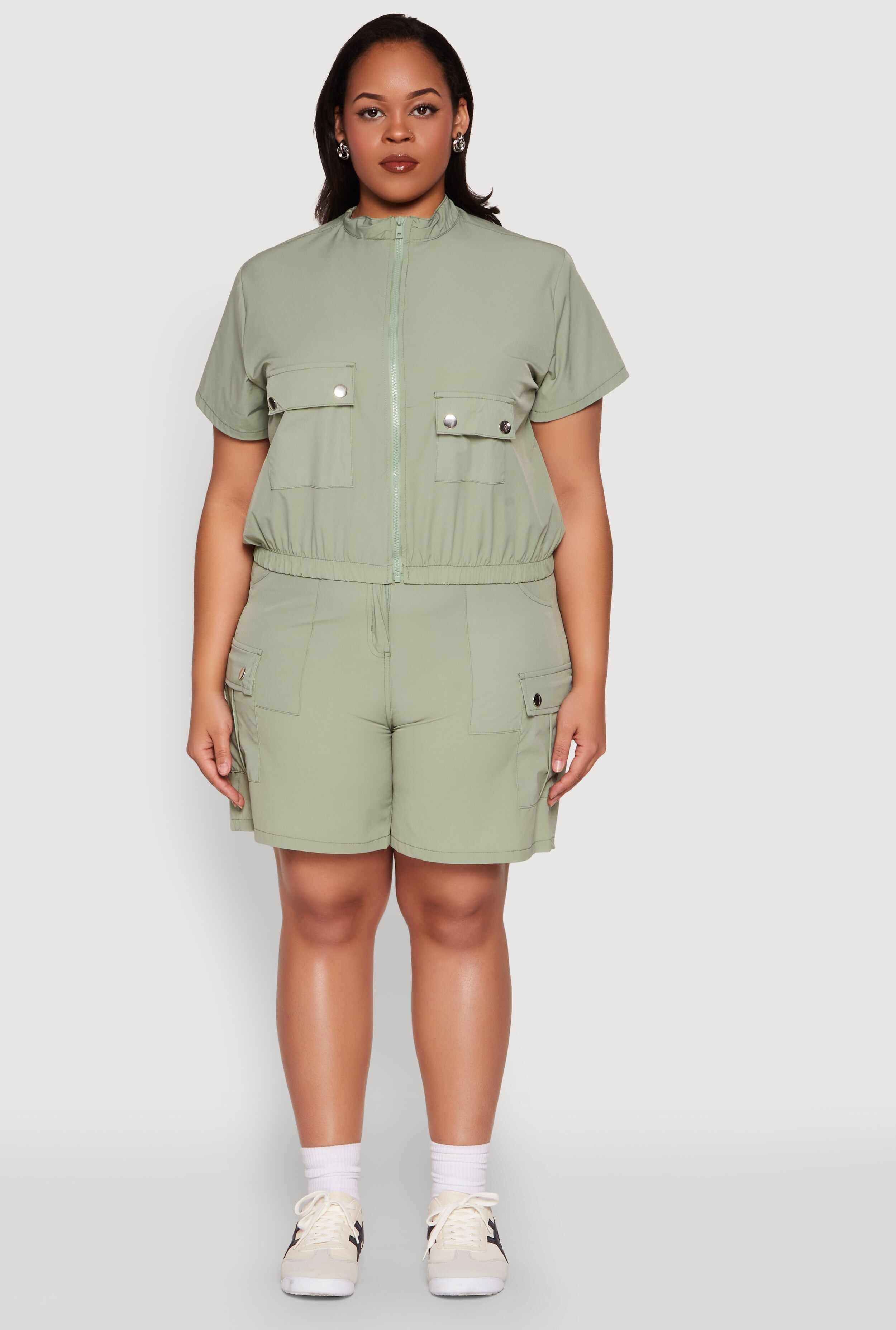 Plus Size Nylon Utility Zip Up Top