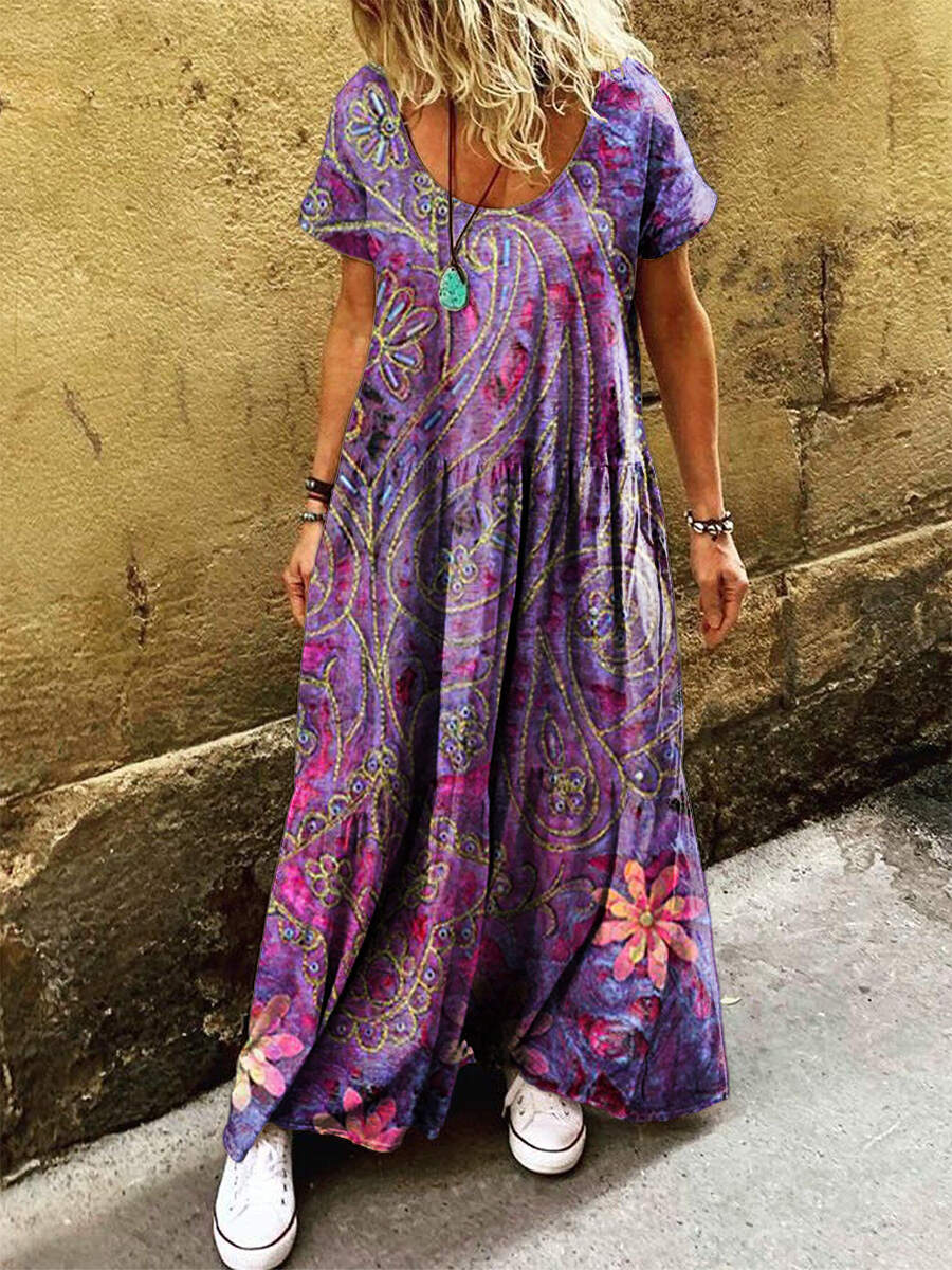 Women's Vintage Ethnic Paisley Art Print Pocket Short Sleeve Cotton Dress