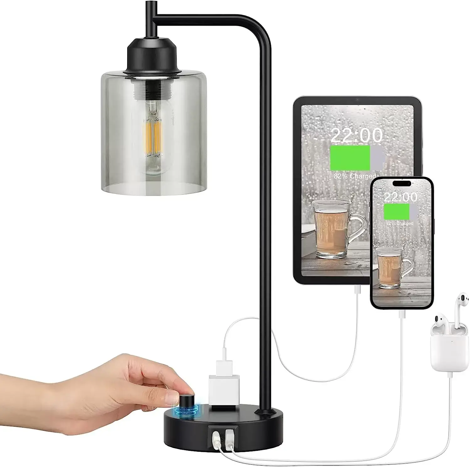 Industrial Bedside Table Lamp for Bedroom - Nightstand Lamps with USB C Charging Port, Fully Dimmable Black Lamps with USB Ports and Outlets, Small Desk Lamp with Glass Shade for Office Living Room