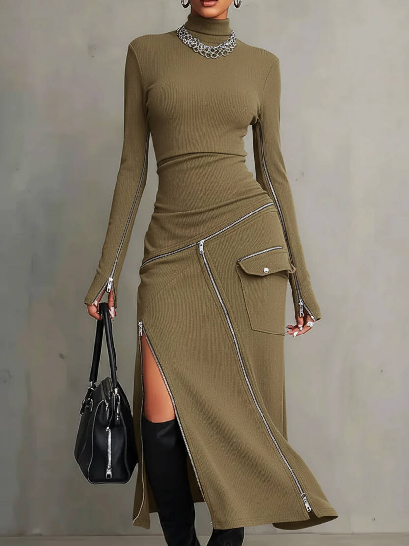 🔥Summer Arrivals🌟Stylish Casual Zipper Design Tops And Irregular Skirt Stretch Set