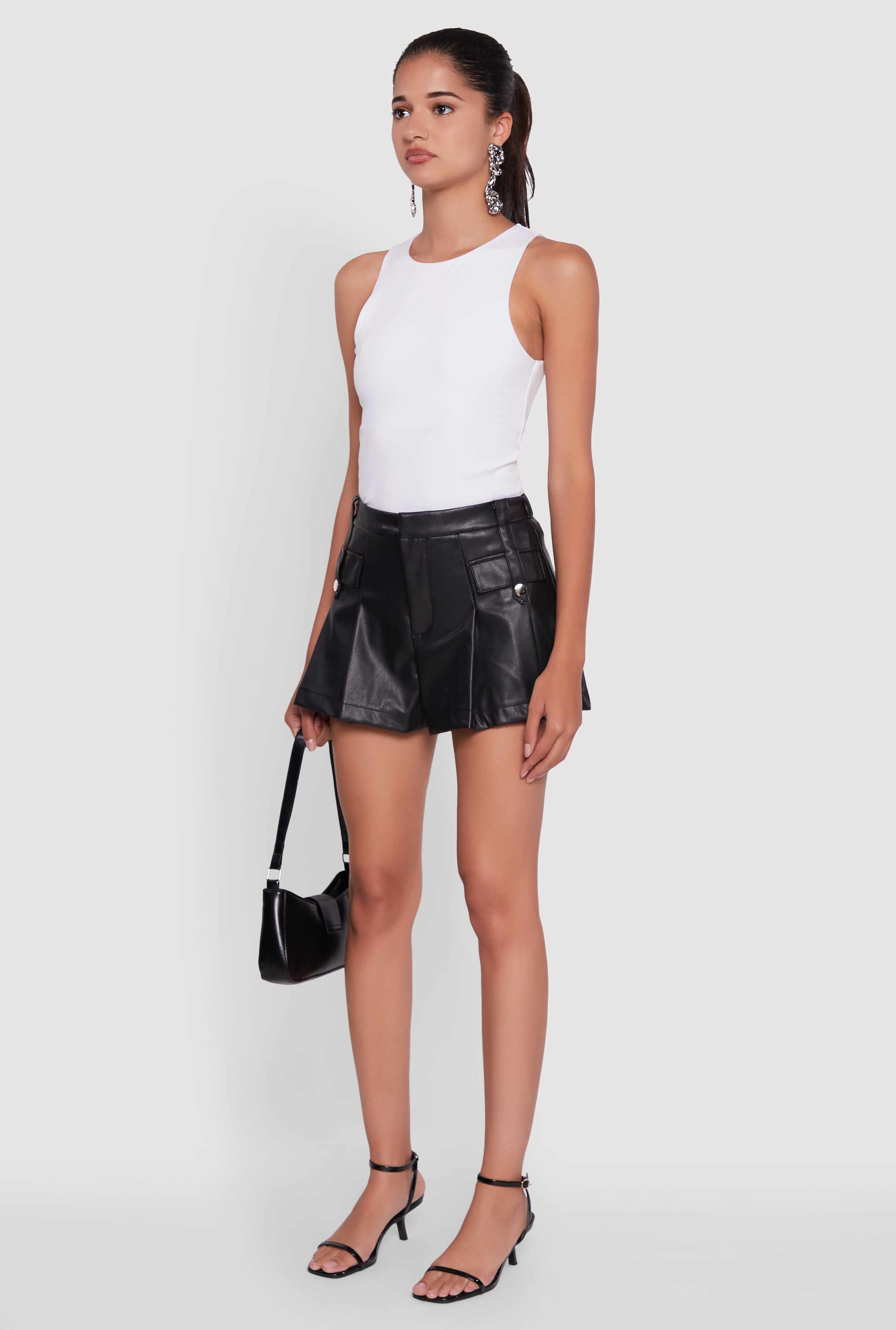 Faux Leather High Waisted Pleated Belted Shorts