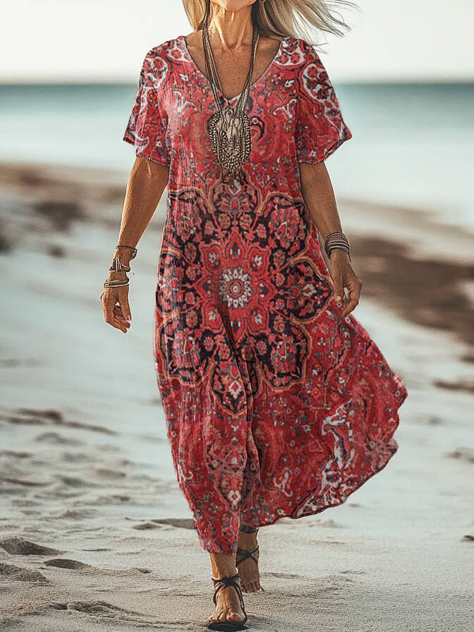 Women's Retro Ethnic Totem Print V-Neck Short Sleeve Cotton Pocket Dress