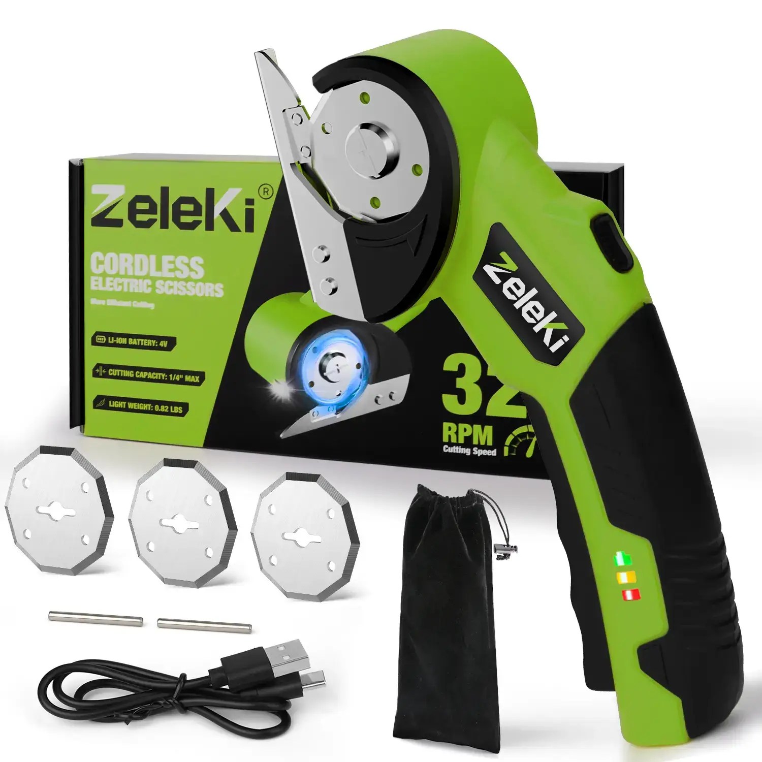 【Gift】Cordless Electric Scissors 4V – Rechargeable Heavy Duty Cutter with Safety Lock, LED Light, Long Battery Life & 2 Extra Blades | Easy-to-Use Wireless Shears for Cardboard, Packaging Yellow with Storage Bag