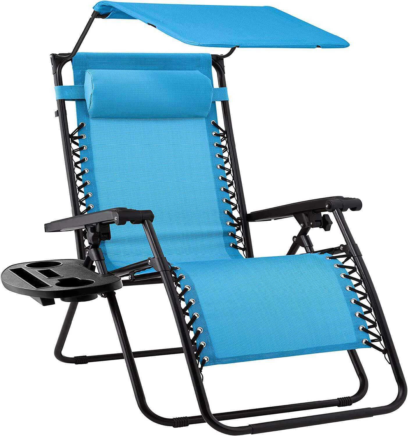 Folding Zero Gravity Outdoor Recliner Patio Lounge Chair w/Adjustable Canopy Shade, Headrest, Side Accessory Tray, Textilene Mesh - Beige