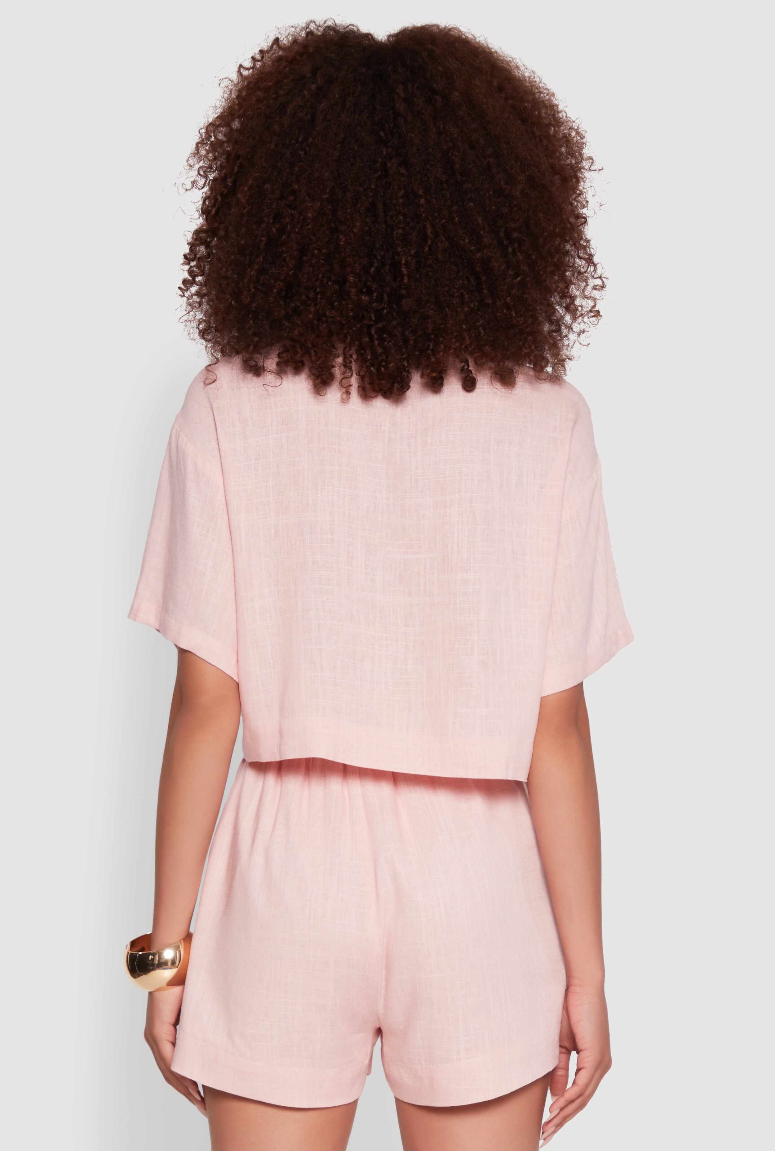 Trendy Linen Flap Detail Button Front Cropped Shirt