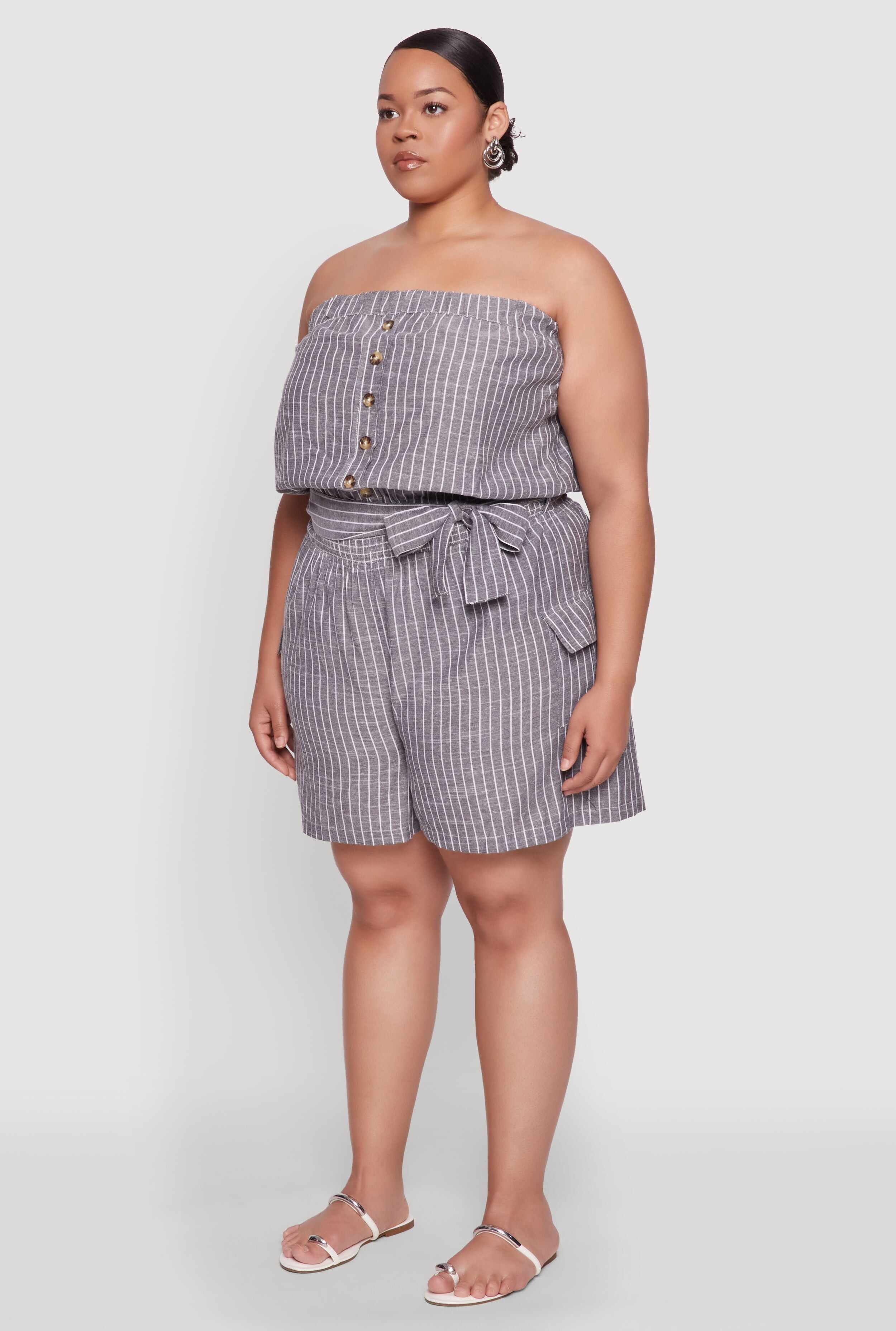 Plus Size Tie Waist Belted Pinstripe Romper