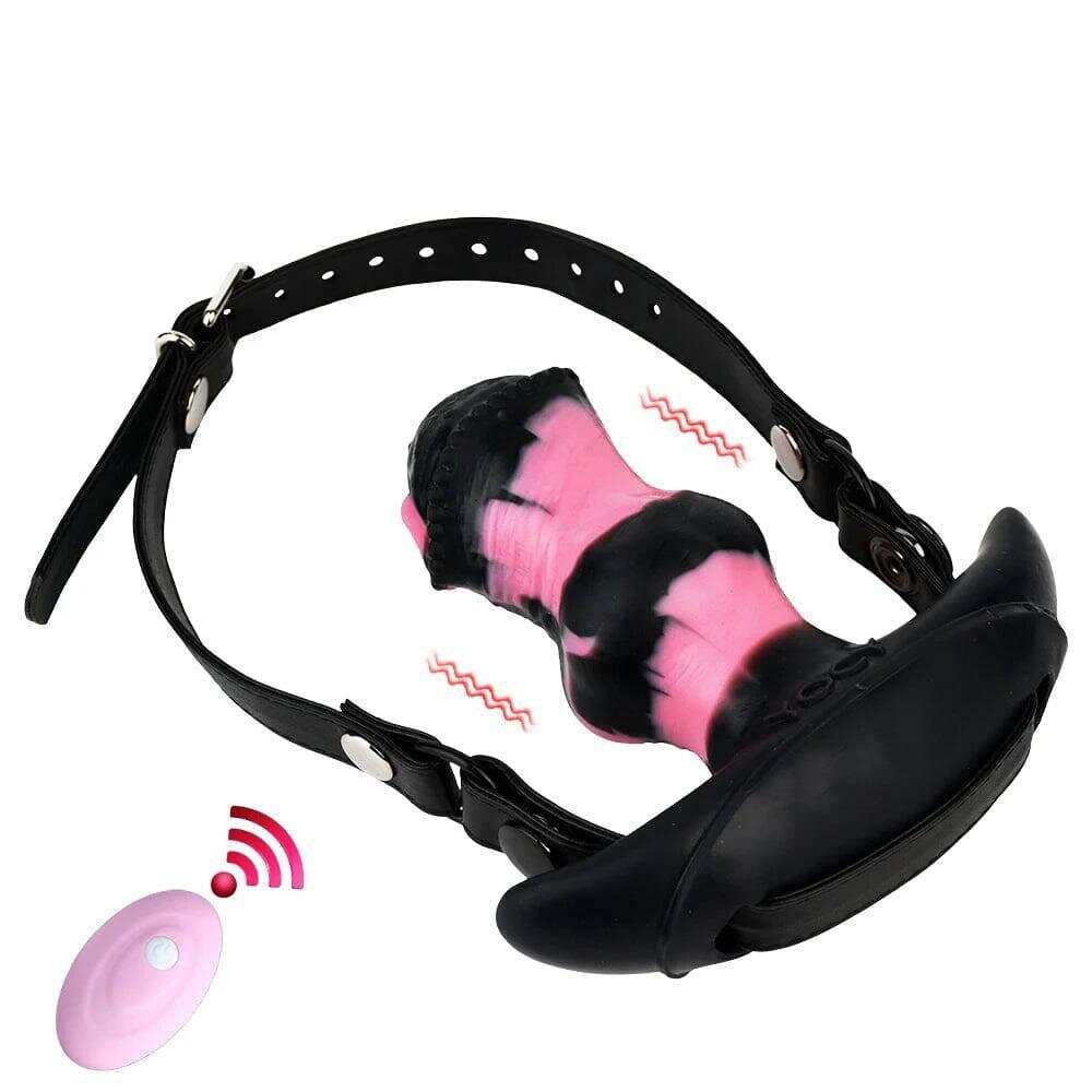 Leather Mouth Gag with Vibrating Horse Dildo