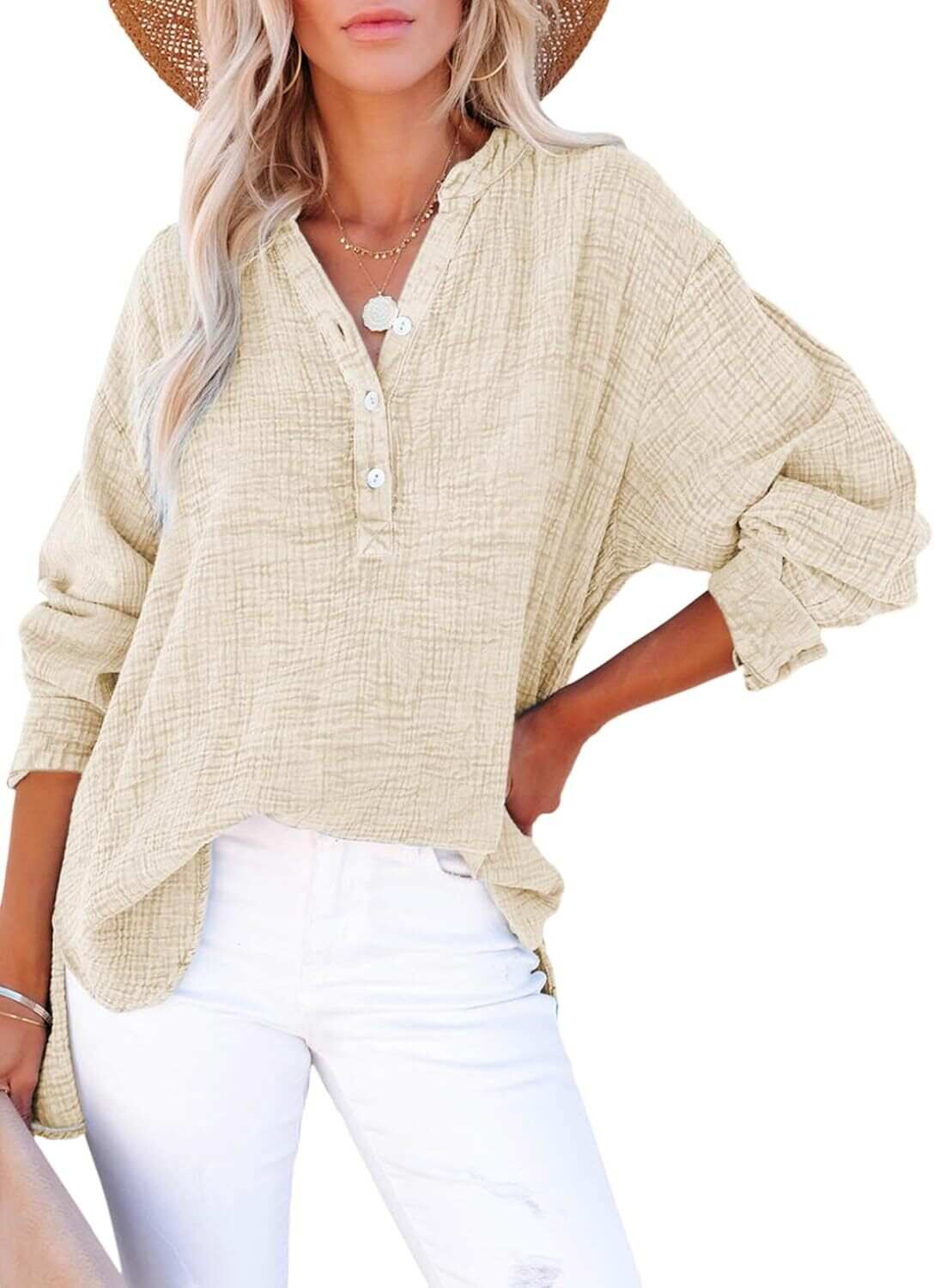 🔥10-Pack Womens Casual Gauze Button Neck Long Sleeve Oversized BlousesTops