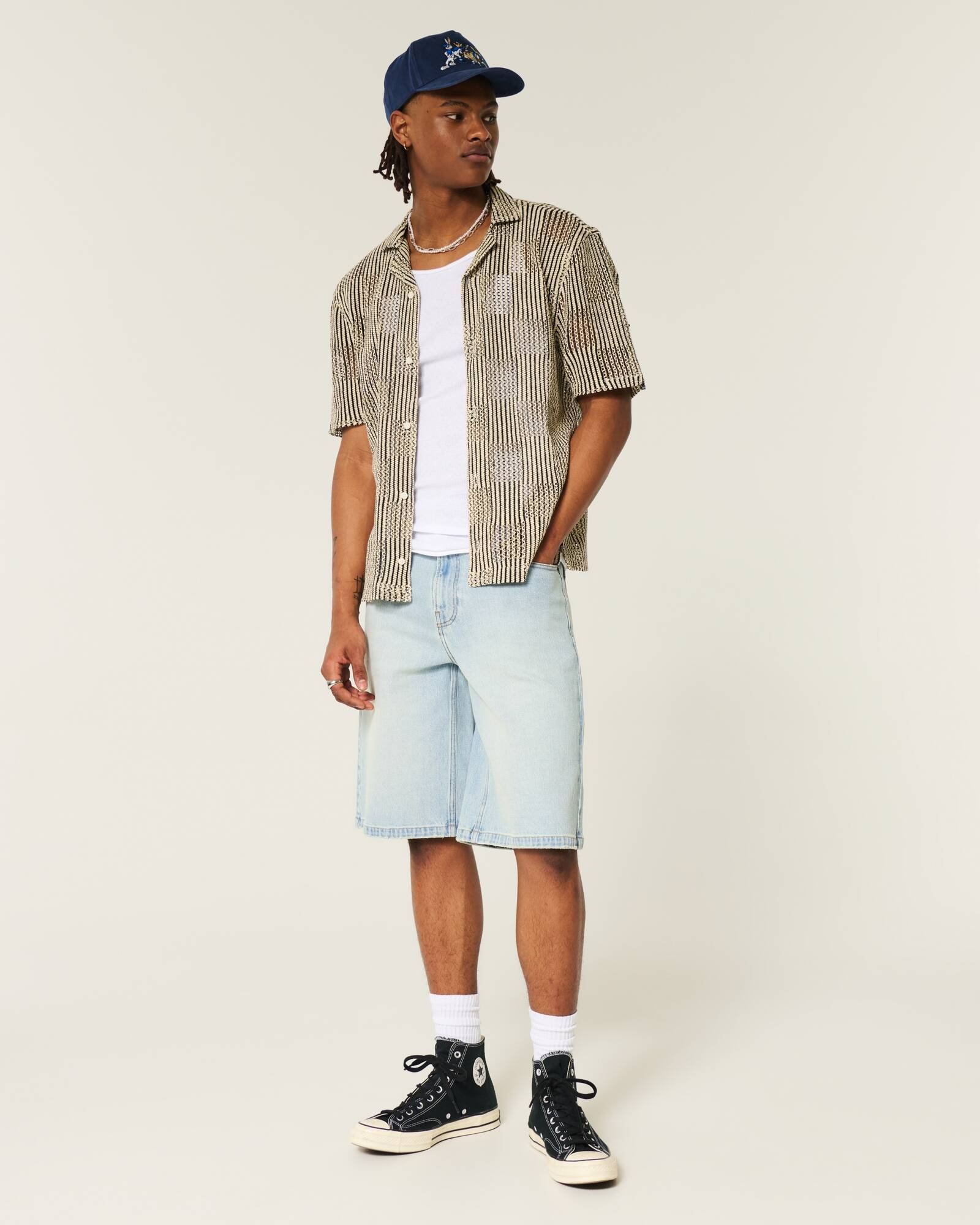 Washed Black Cat Graphic Super Baggy Denim Shorts