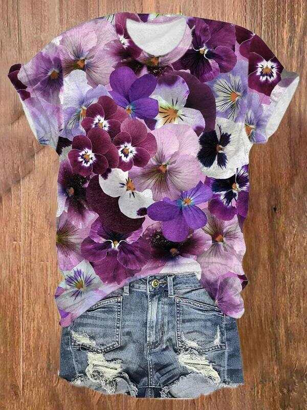 Alzheimer's Awareness Iris Floral Printed Casual T-shirt