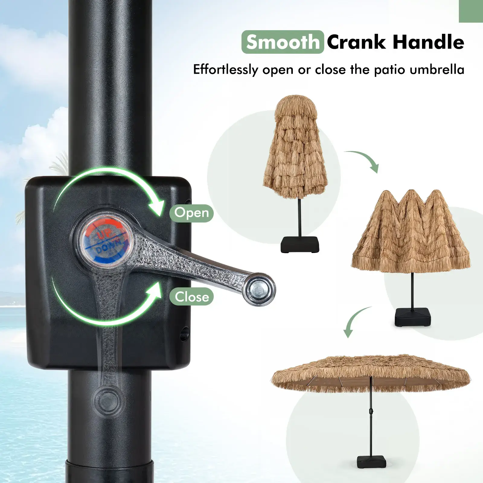 15 FT Solar Tiki Patio Umbrella with Base Included, Double-sided Hawaiian Style Thatched Market Table Umbrella with144 Multi-colored Flowing LED Lights, 12 Modes, Crank Handle, 12 Ribs, PE Grass Outdoor Umbrell for Pool Deck Garden Backyard