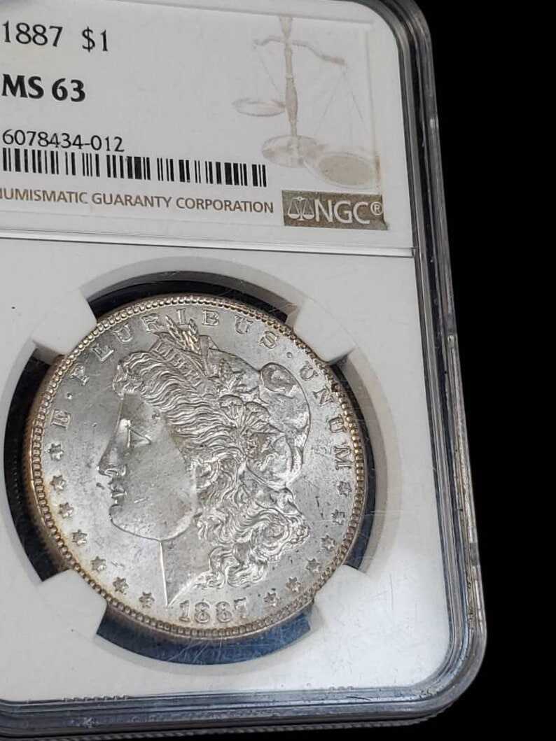 1887   MS 63 Silver Morgan Dollar, NGC  MS 63  Silver Coin  Beautiful toning- small chip on top of the case -  Regular -129   Lot # 1486