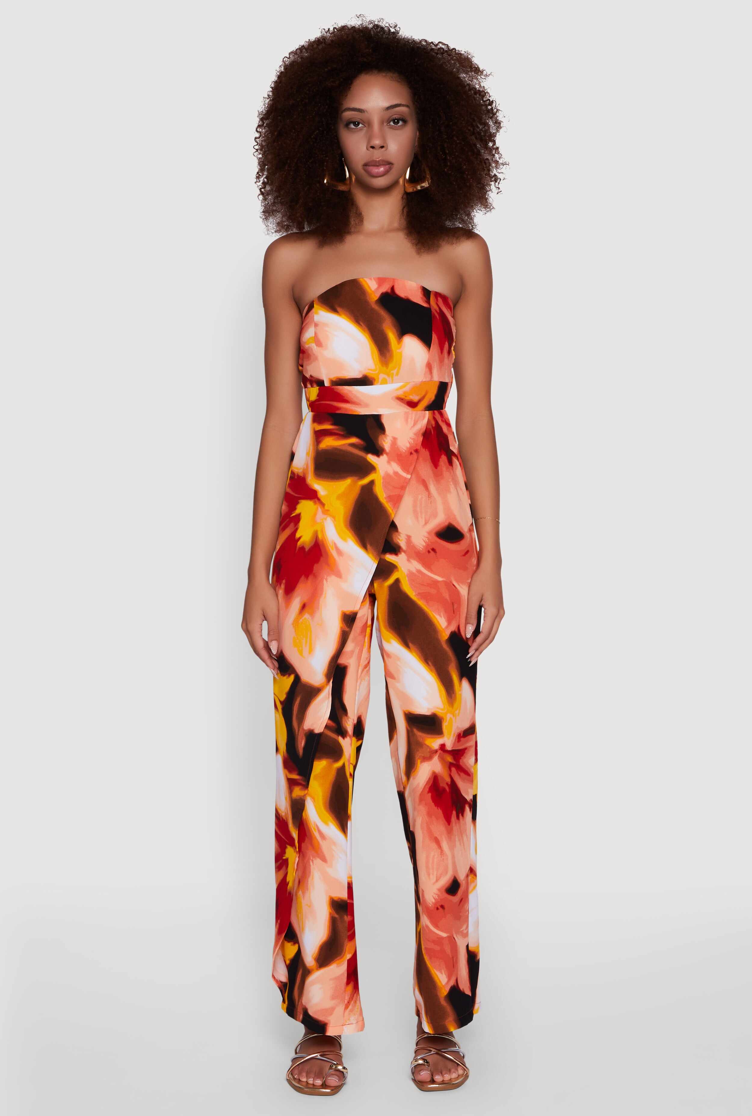 Airy Crepe Knit Strapless Smocked Printed Jumpsuit