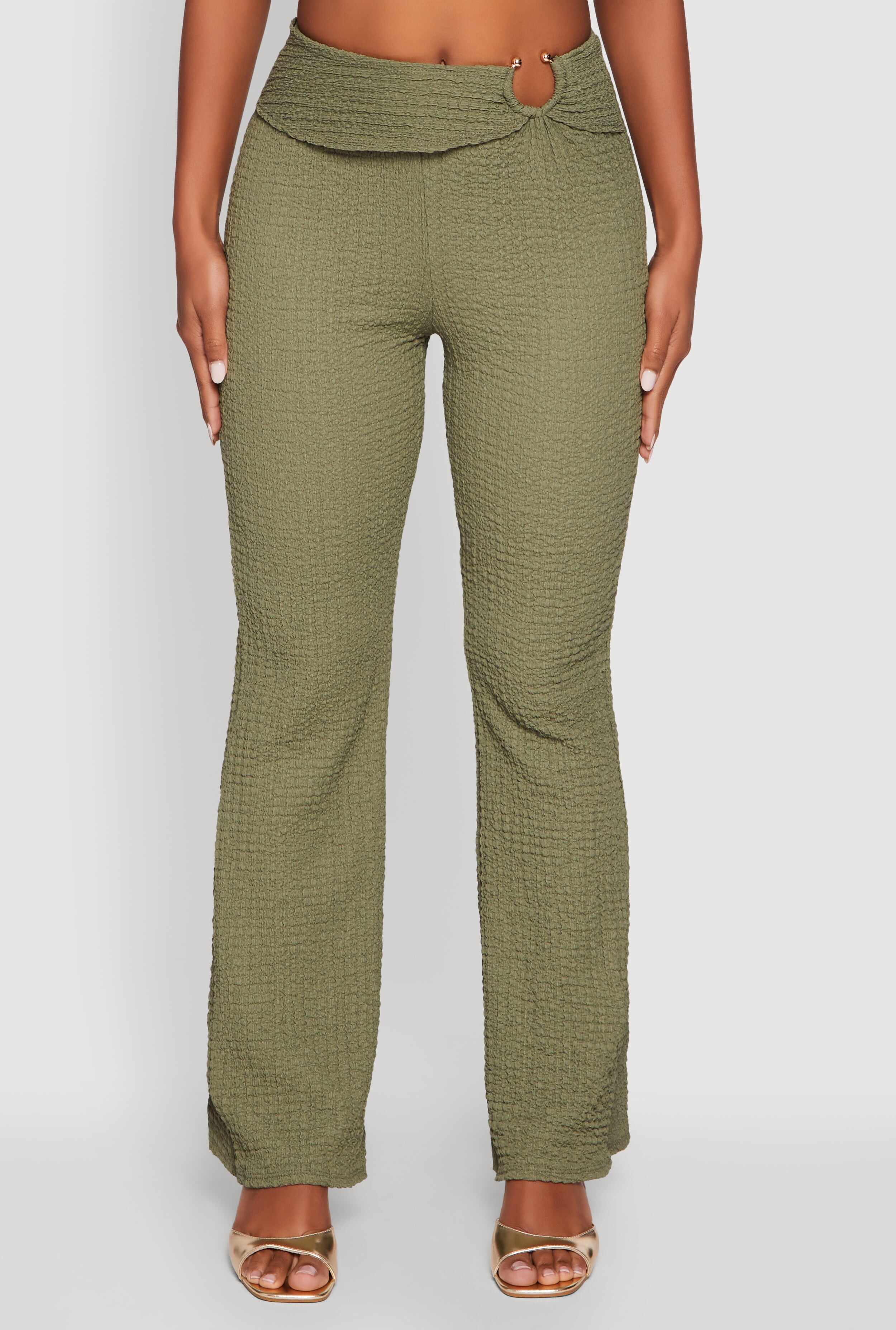 Metallic O-Ring Keyhole Belted Front Flare Pants