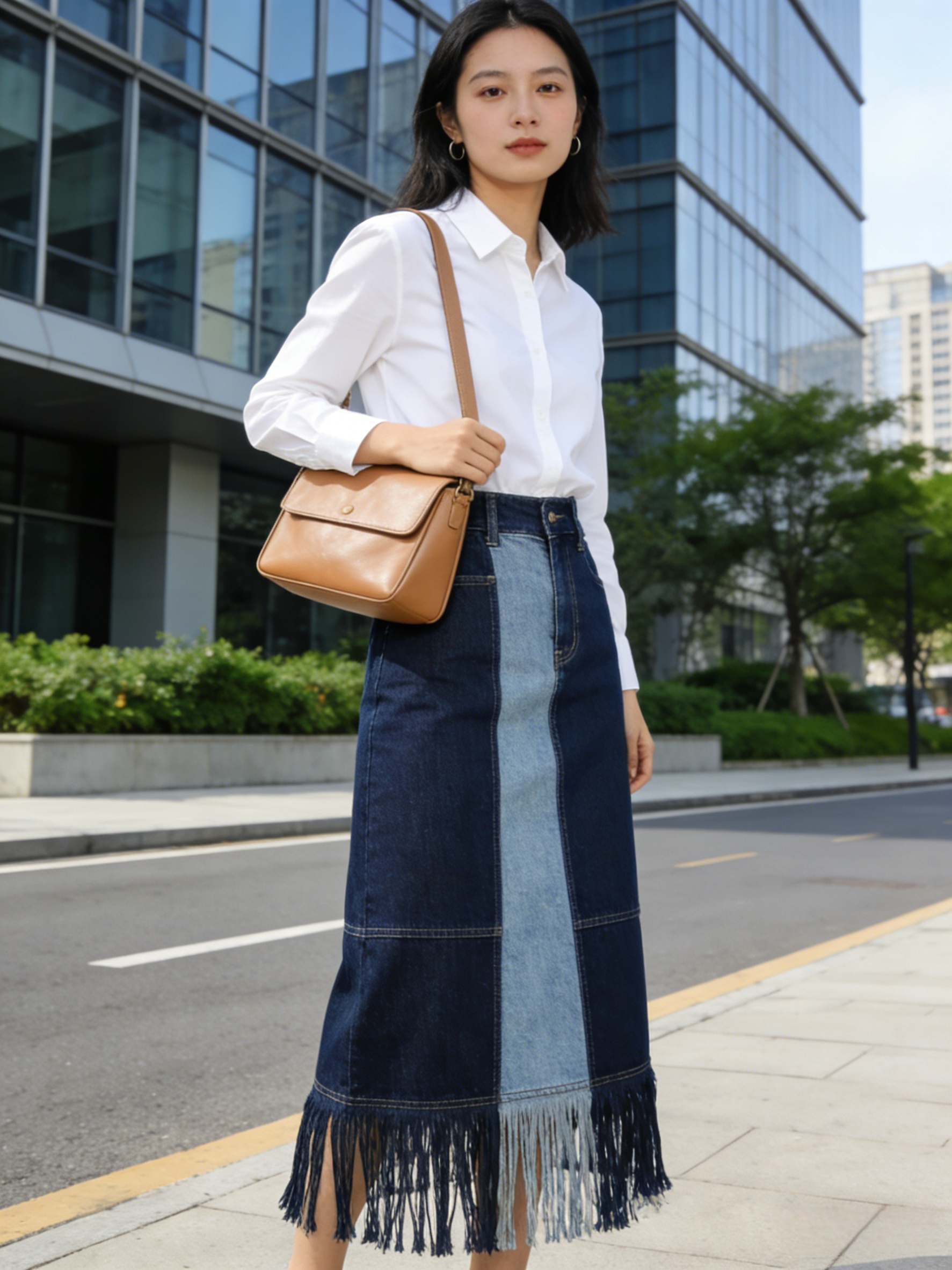 Casual Denim Blue High Waist Patchwork A Line Skirts Summer