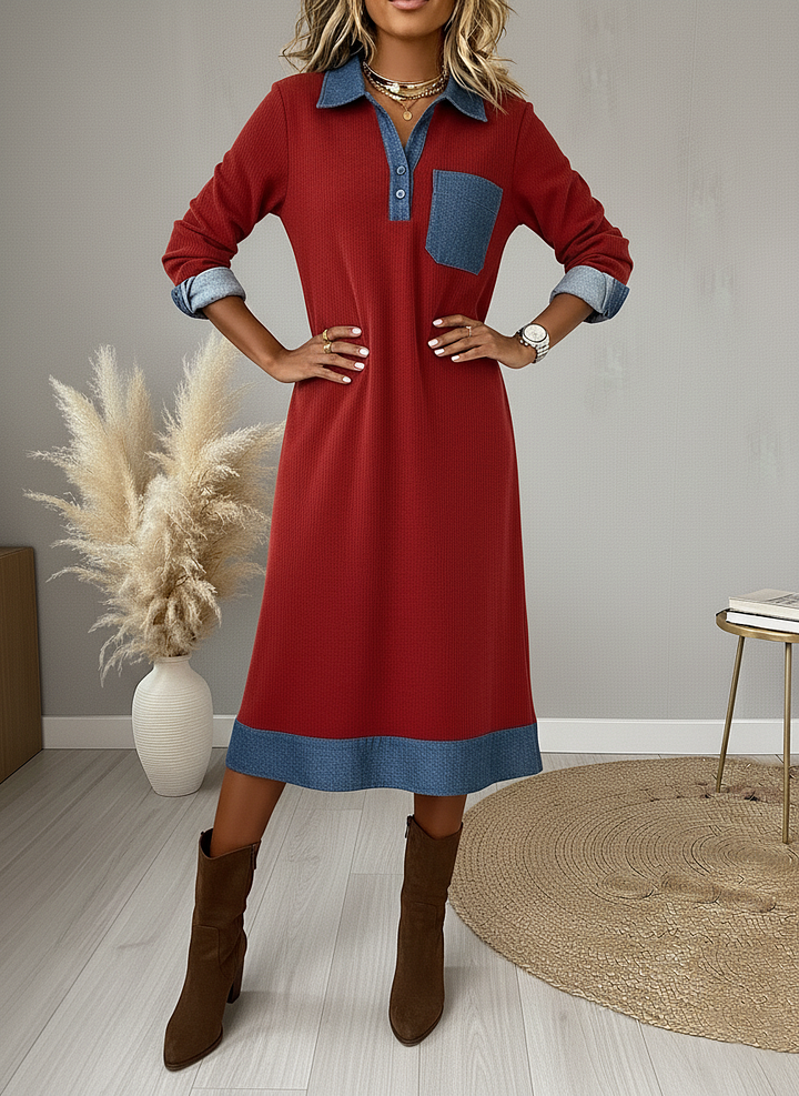 Casual Denim Patchwork Polo Collar Contrast Color Midi Dress
