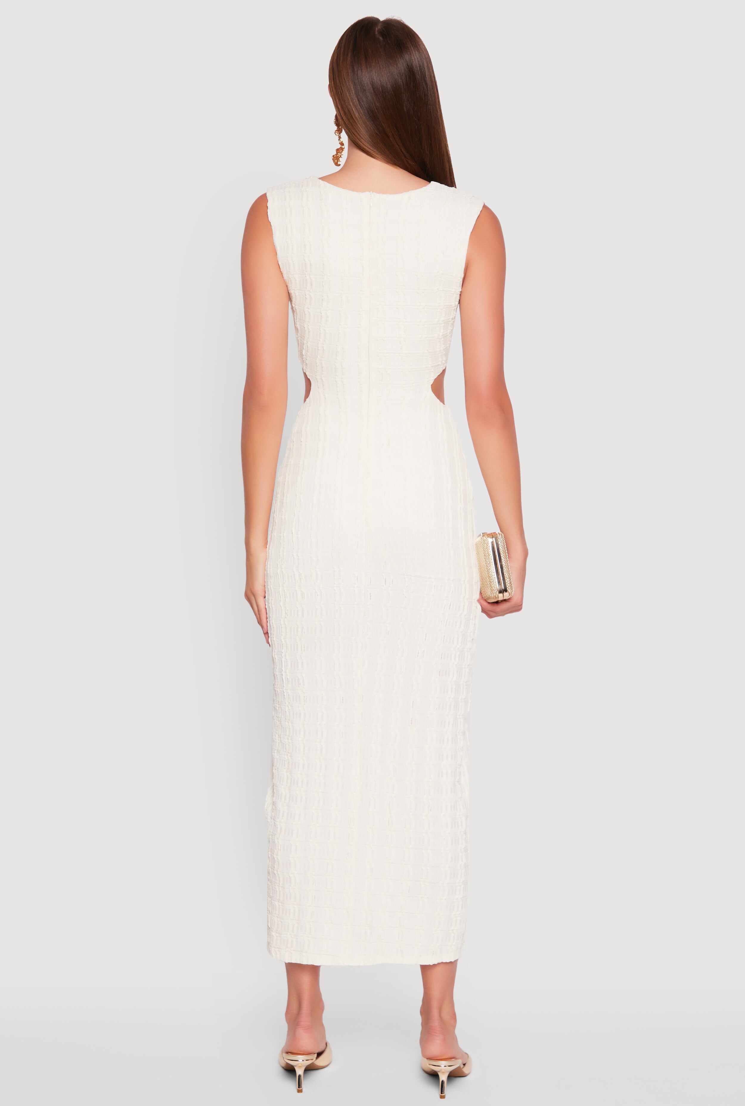 Textured Knit Metallic Detail Front Slit Midi Dress