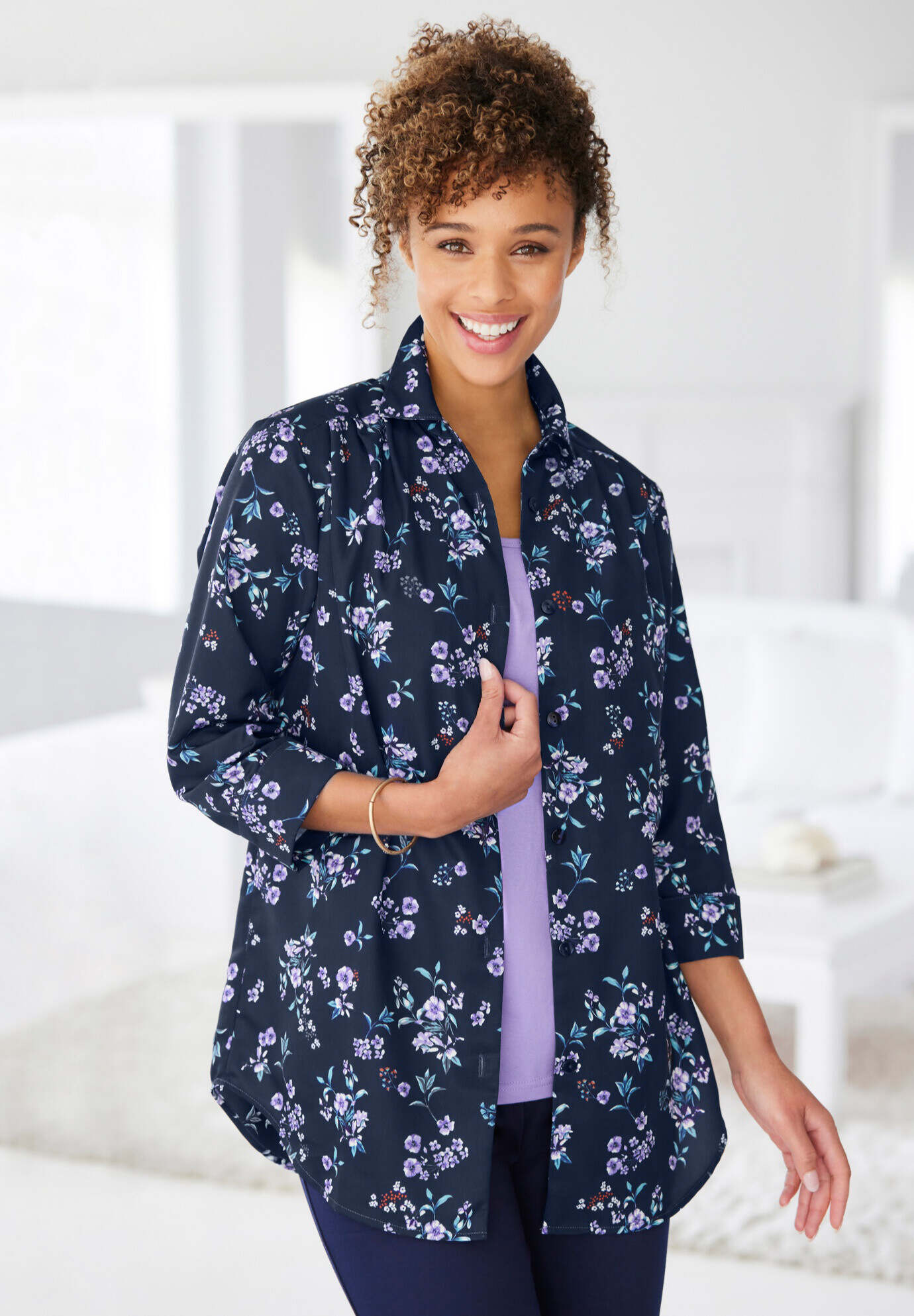 Three-Quarter Sleeve Peachskin Button Front Shirt