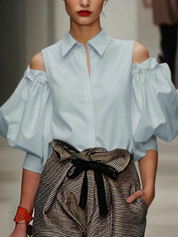 🔥Summer Arrivals🌟Women's Loose Pleated Solid Color Cold Shoulder Cotton Blouses