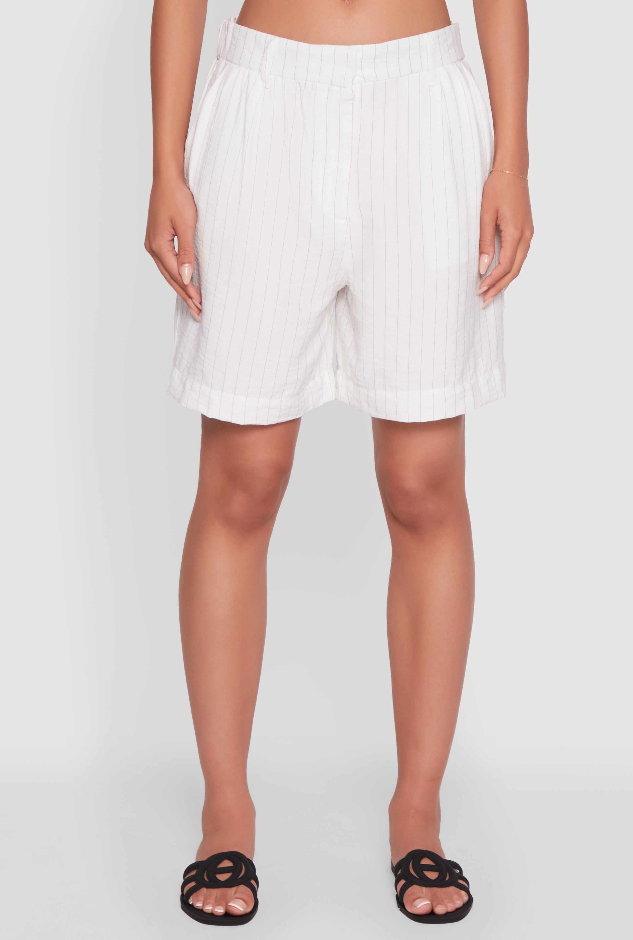 Trendy High Waisted Pinstripe Crepe Knit Shorts