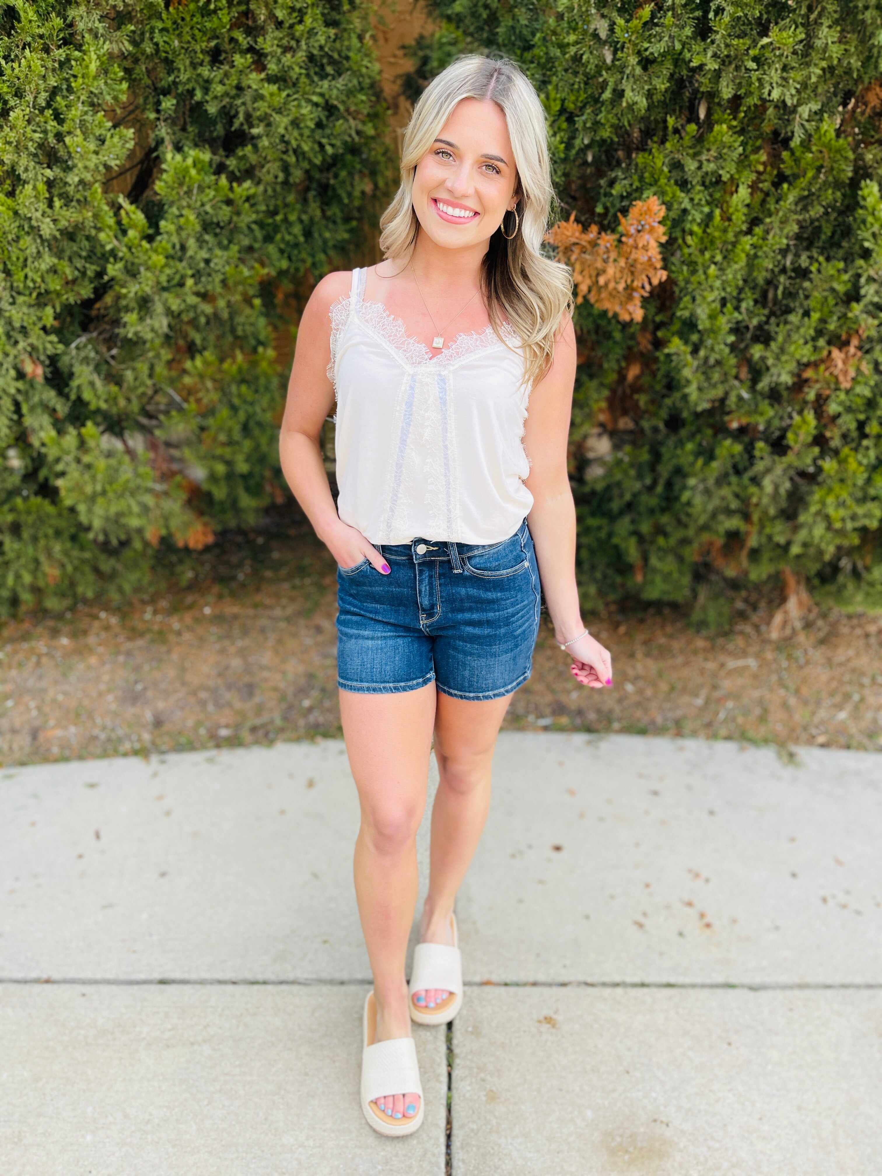 Plus/Reg Sweet Summertime Mid Rise Dark Wash Shorts