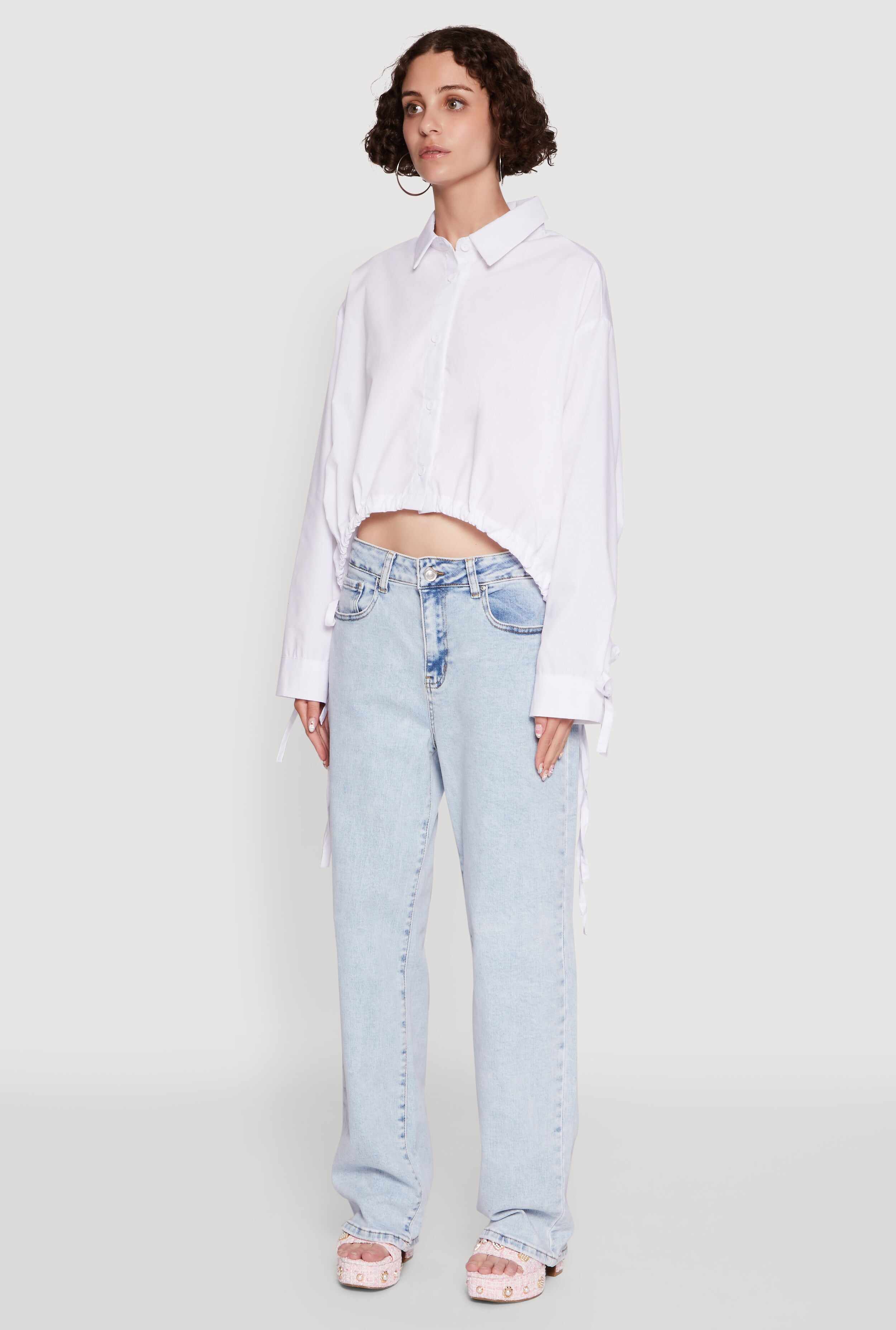 Poplin Drawstring Hem Long Sleeve Shirt
