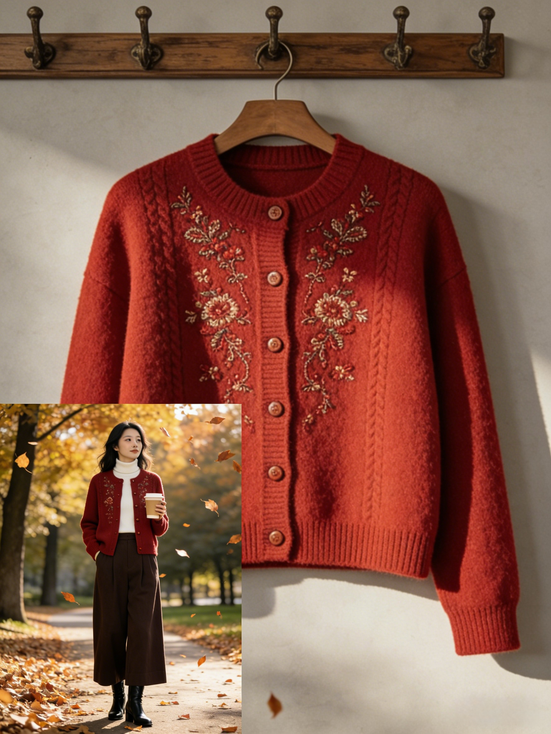Art Red Embroidered Button Knit Cardigan Fall
