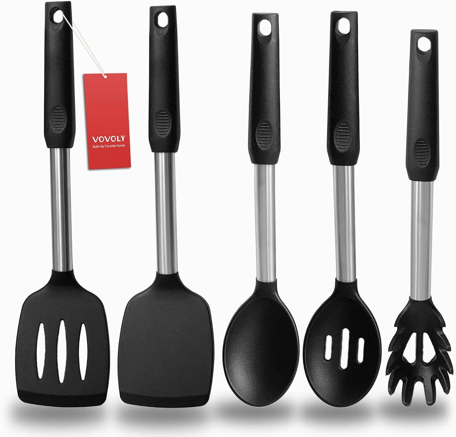 Silicone Spatula and Cooking Spoon,5 Pack Non-Stick Cooking Utensils for Kitchen，Heat Resistant Solid & Slotted Spoons and Spatulas, Stainless Steel Handle Coated with Silicone,Red