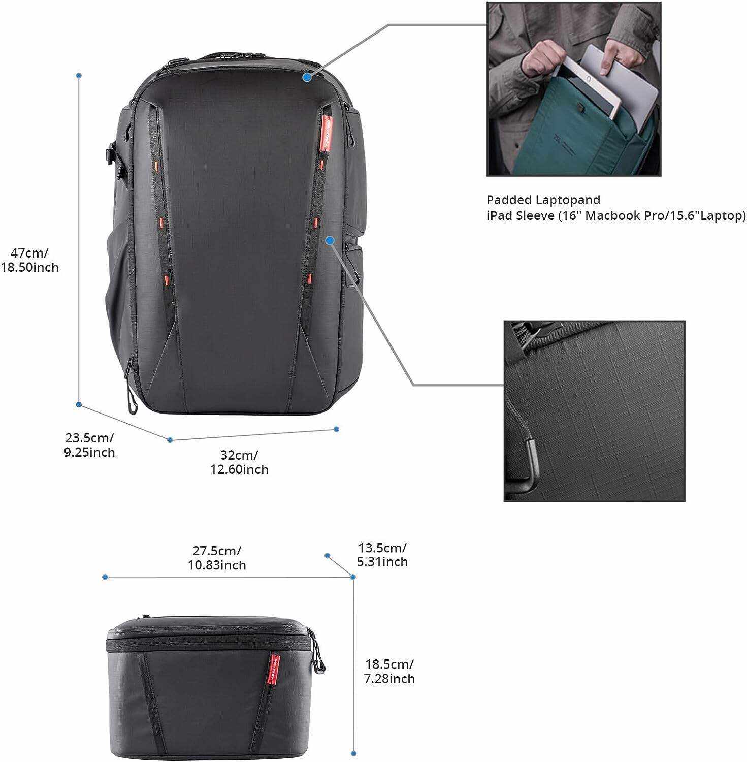 PGYTECH OneMo 2 35L-45L Camera Backpack with Shoulder Bag for 17“ Laptop for Photographers, Waterproof DSLR Backpack for Canon/Nikon/Sony, Drone Backpack for DJI Mini 3 Pro/Mavic 3/ FPV, Black