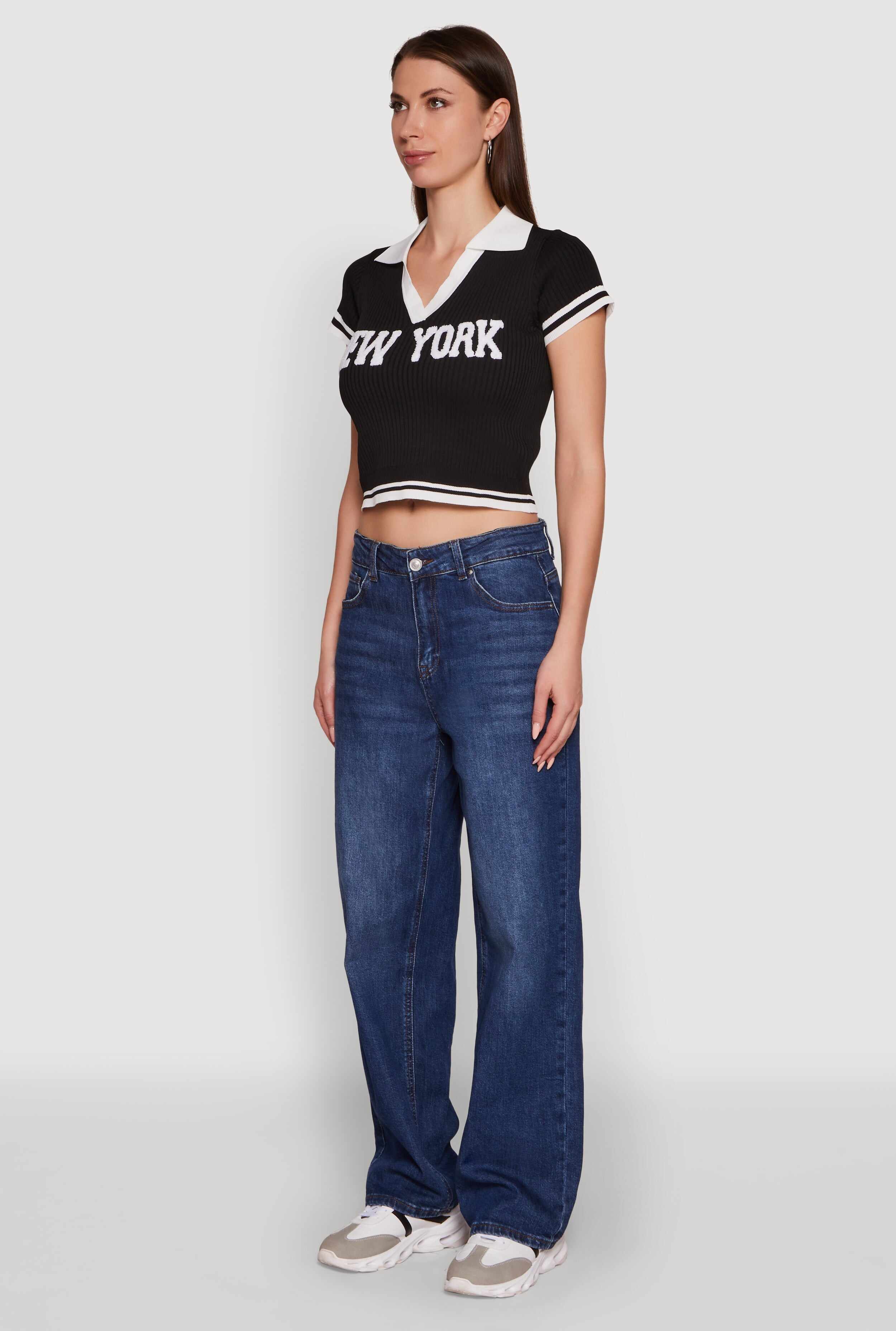 Ribbed Knit Varsity Stripe New York Cropped Polo Top